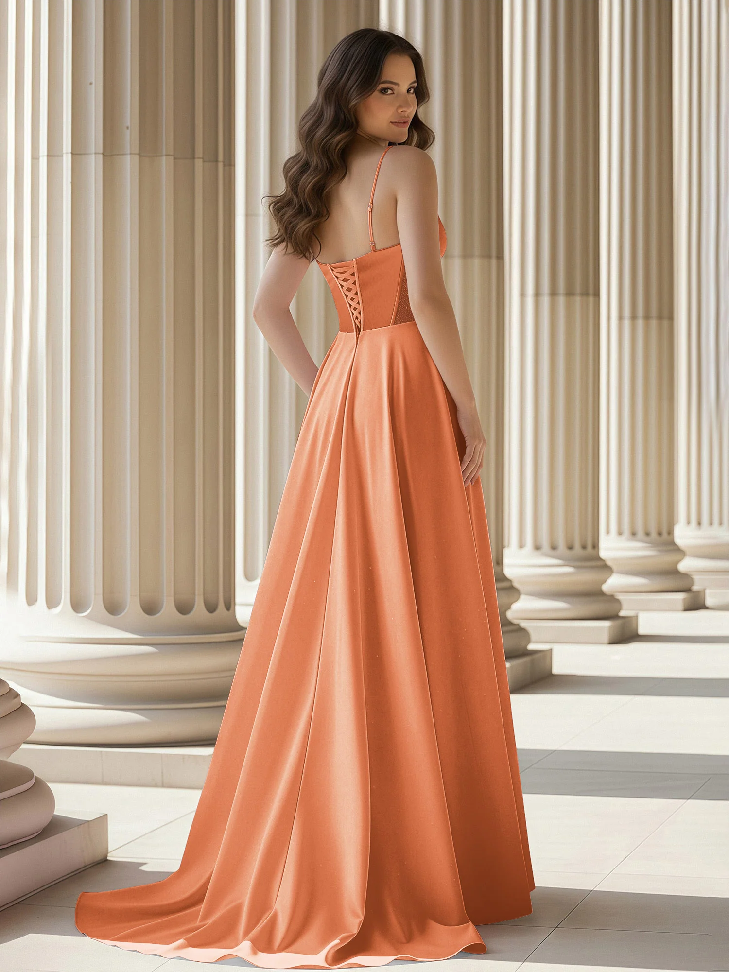 Pleated Sweetheart Neck A-Line Satin Sweep Train Gown Papaya - Image 2