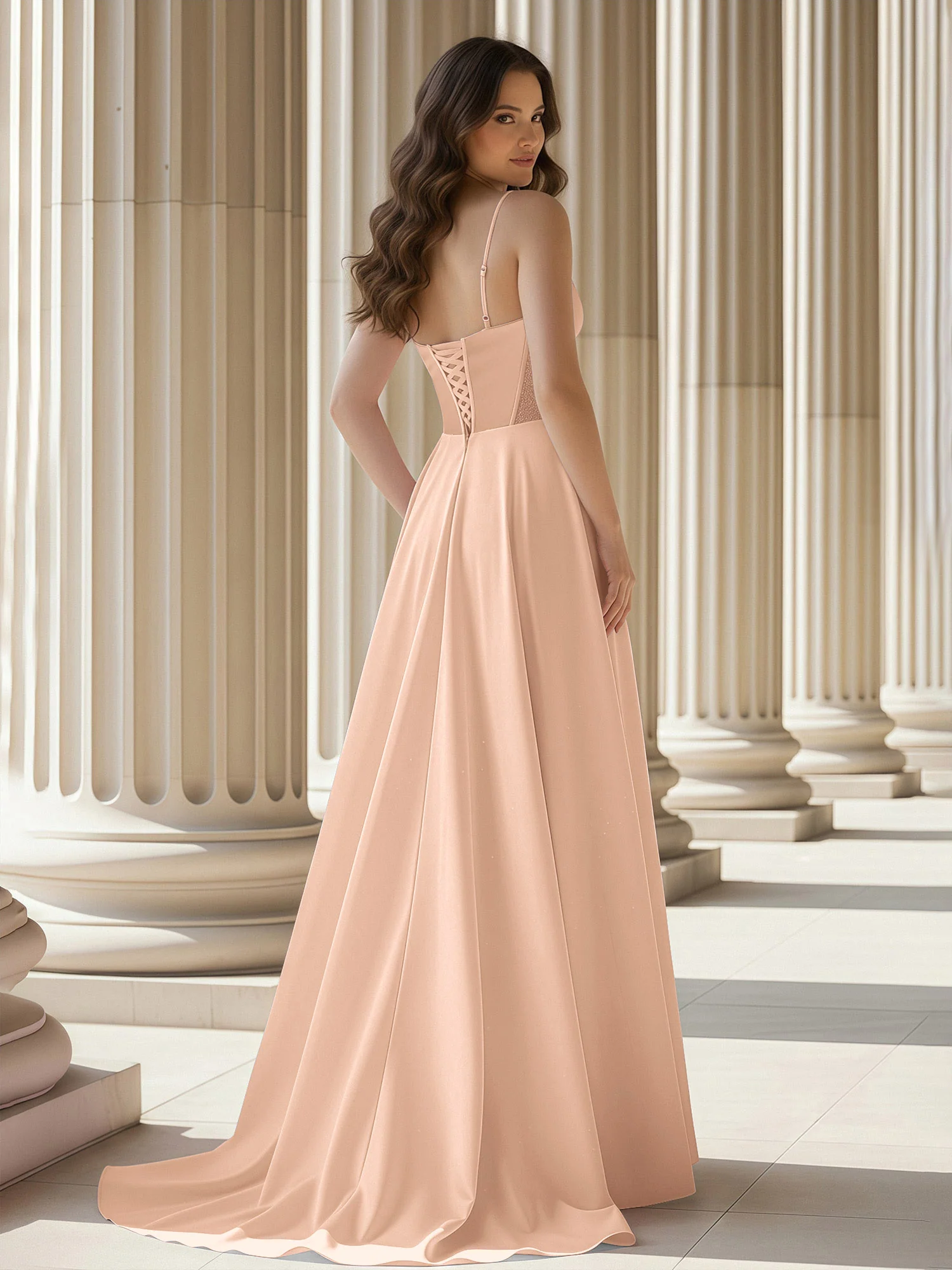 Pleated Sweetheart Neck A-Line Satin Sweep Train Gown Peach - Image 2