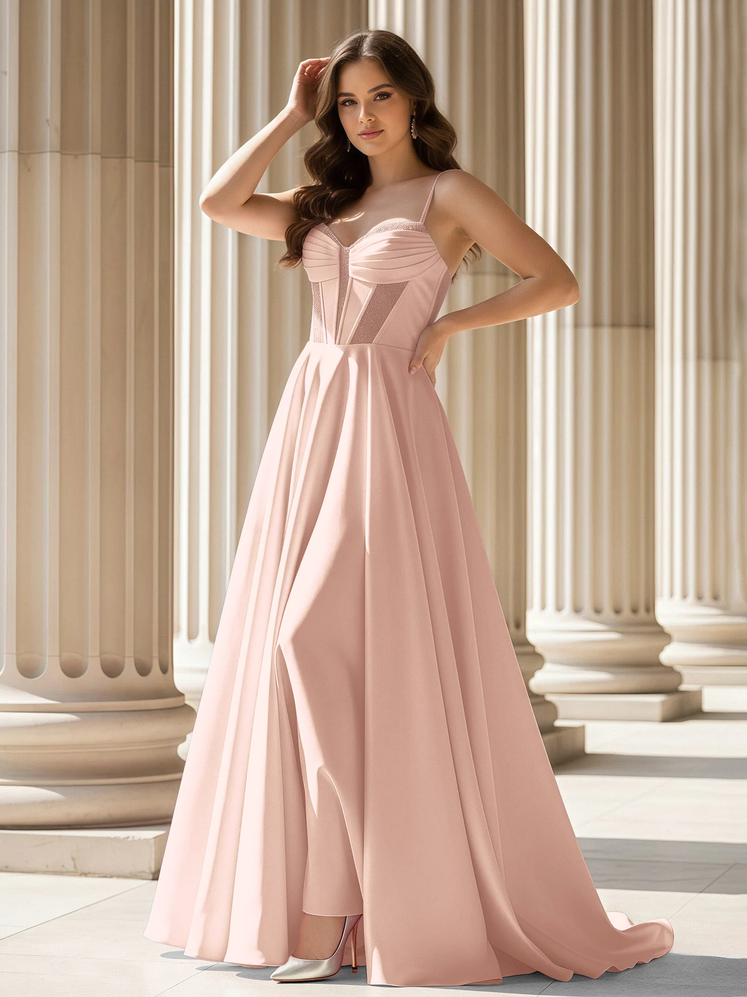 Pleated Sweetheart Neck A-Line Satin Sweep Train Gown Pearl Pink