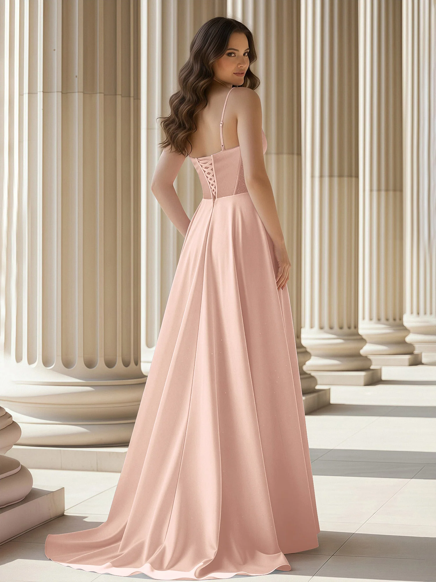 Pleated Sweetheart Neck A-Line Satin Sweep Train Gown Pearl Pink - Image 2
