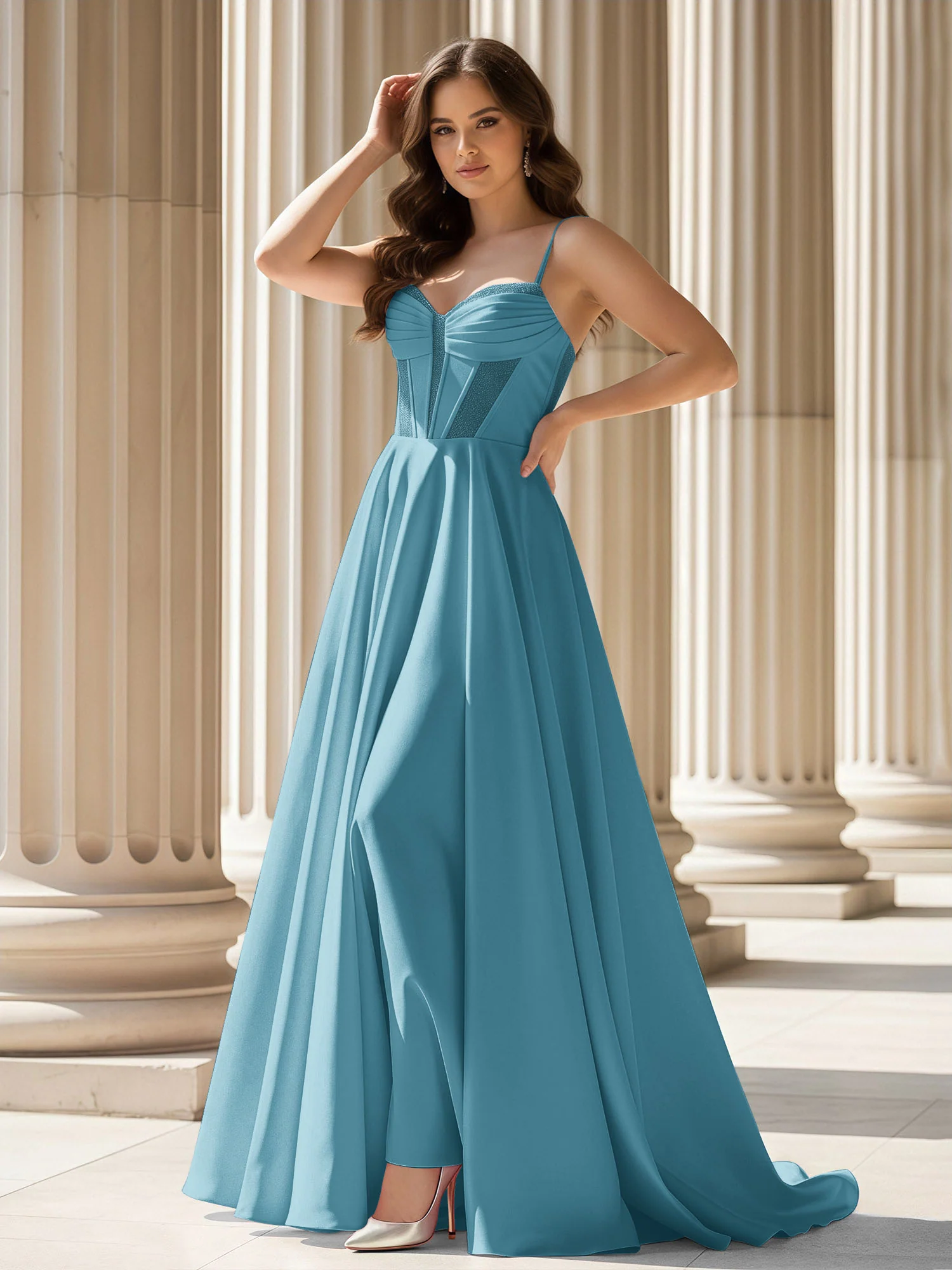 Pleated Sweetheart Neck A-Line Satin Sweep Train Gown Pool