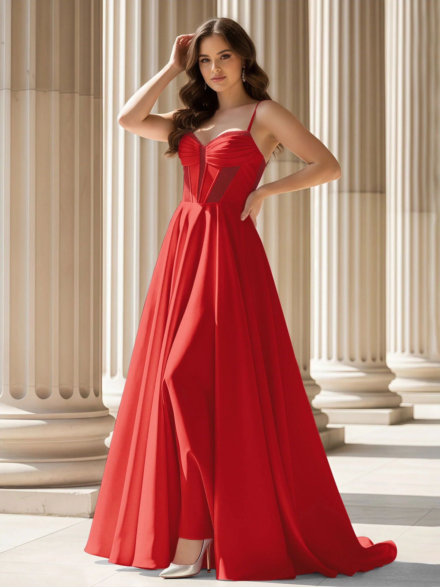 Pleated Sweetheart Neck A-Line Satin Sweep Train Gown Red