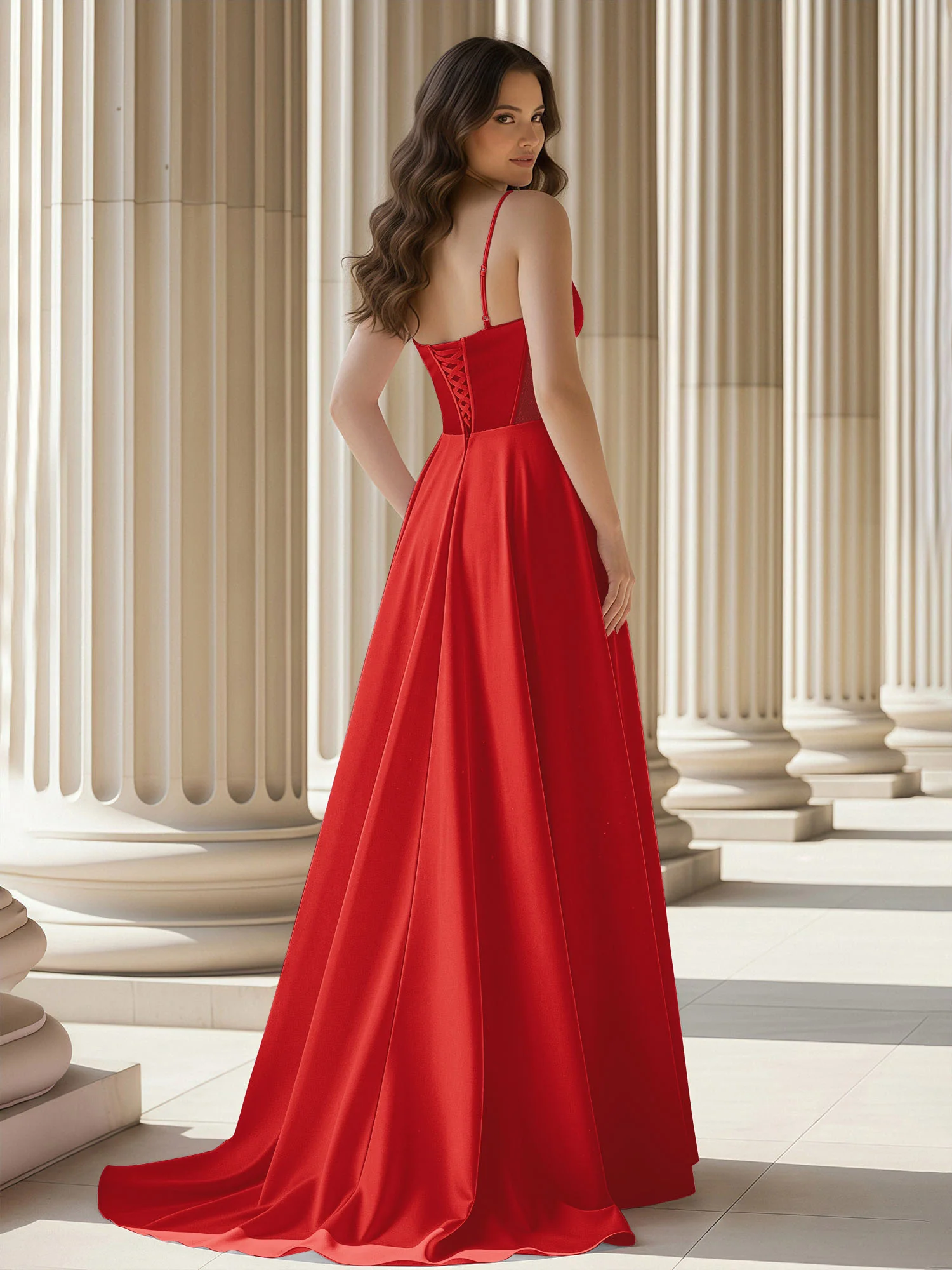 Pleated Sweetheart Neck A-Line Satin Sweep Train Gown Red - Image 2