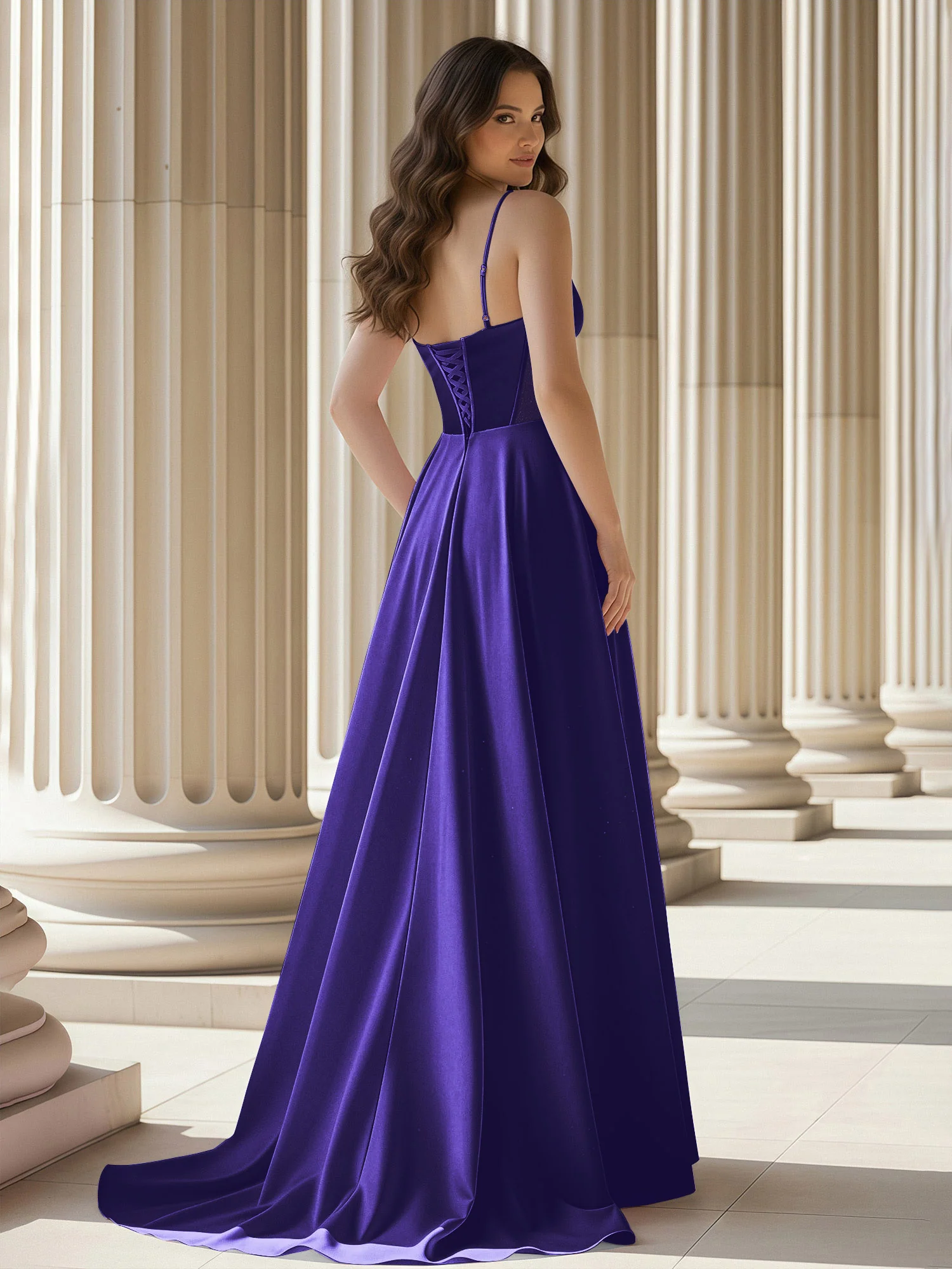Pleated Sweetheart Neck A-Line Satin Sweep Train Gown Regency - Image 2