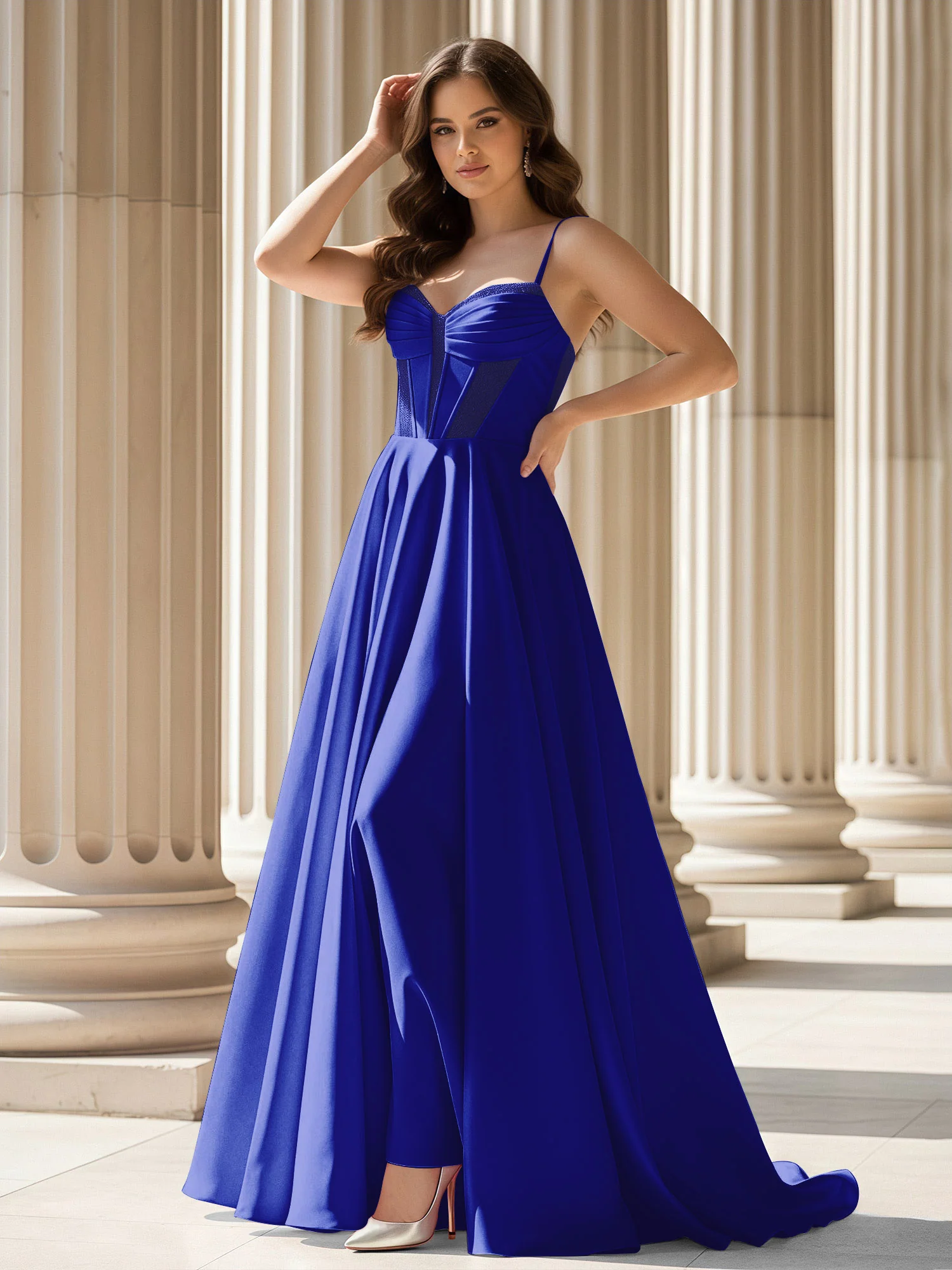 Pleated Sweetheart Neck A-Line Satin Sweep Train Gown Royal Blue