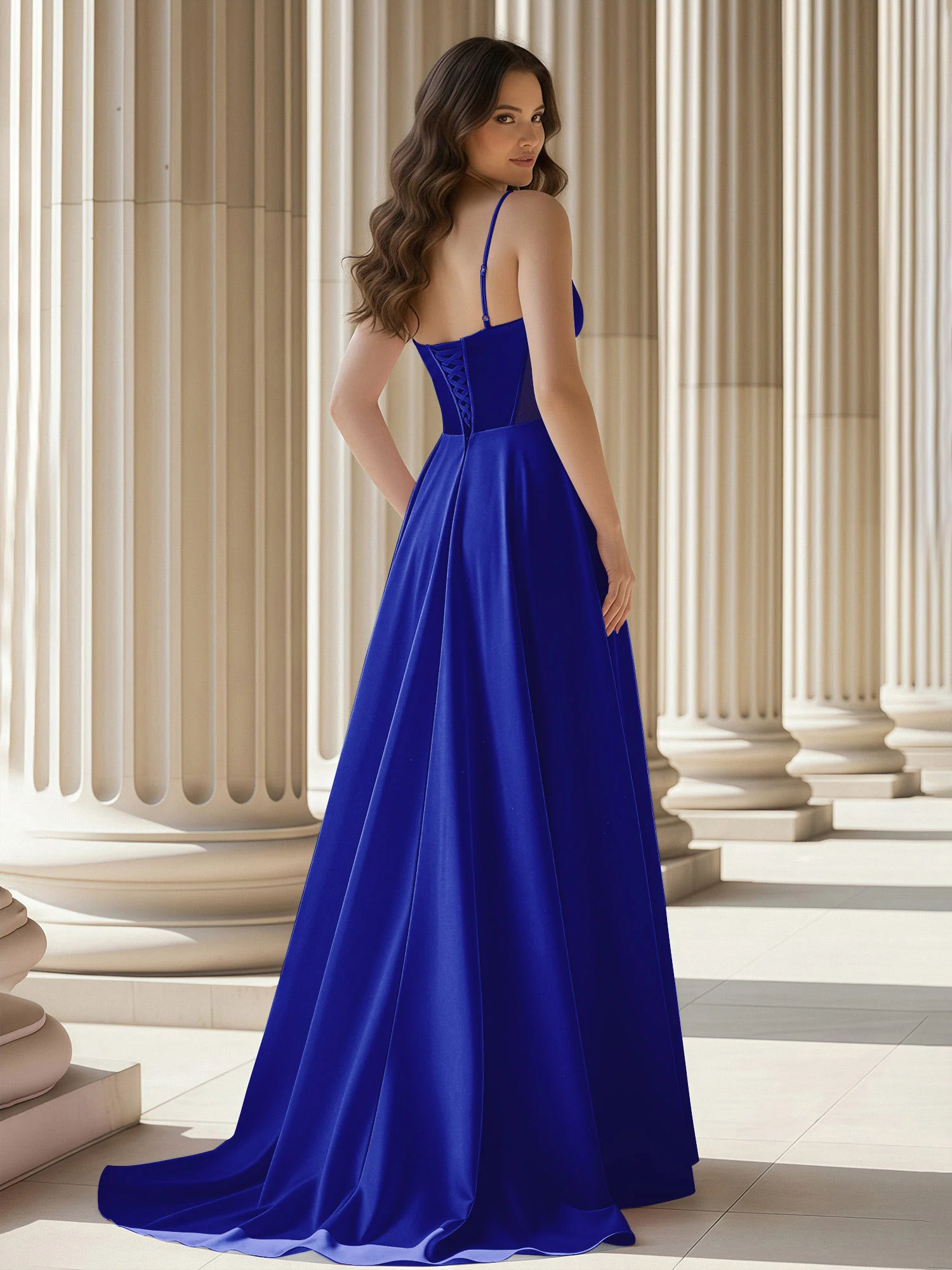 Pleated Sweetheart Neck A-Line Satin Sweep Train Gown Royal Blue - Image 2