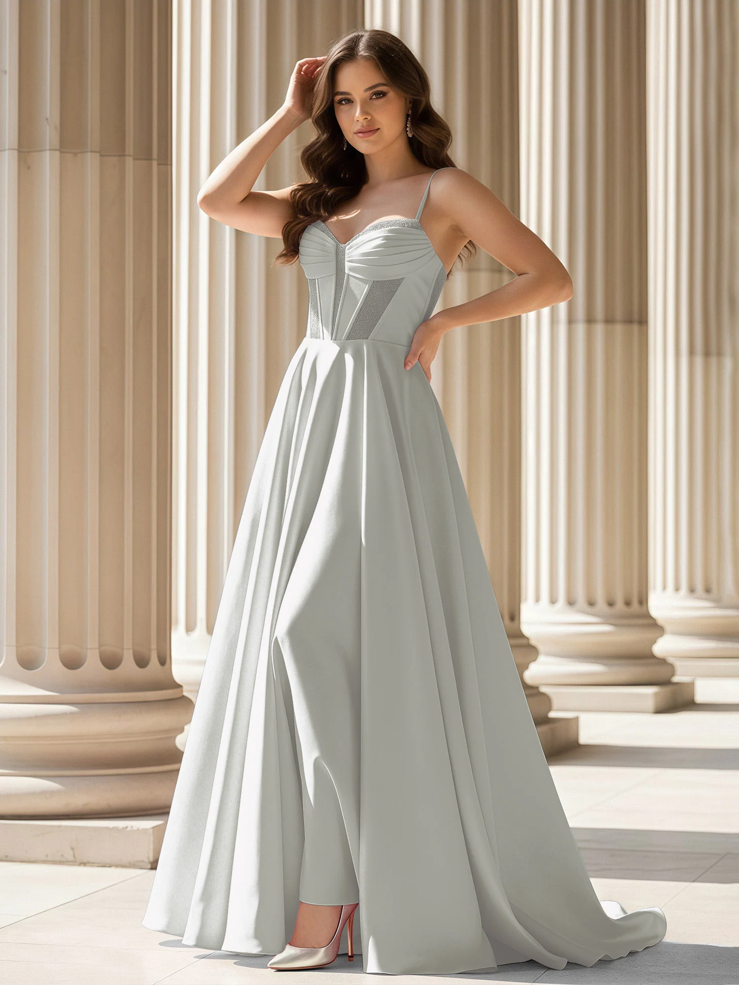 Pleated Sweetheart Neck A-Line Satin Sweep Train Gown Silver