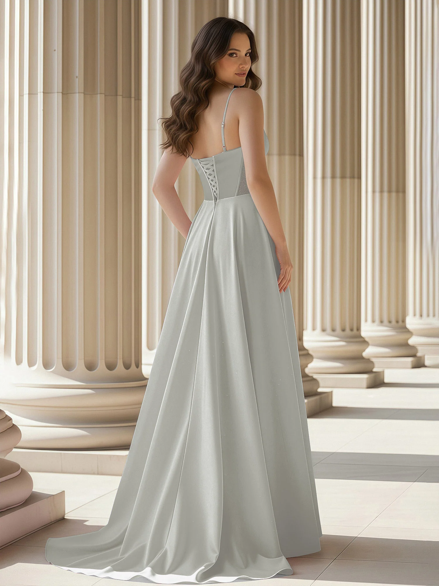 Pleated Sweetheart Neck A-Line Satin Sweep Train Gown Silver - Image 2