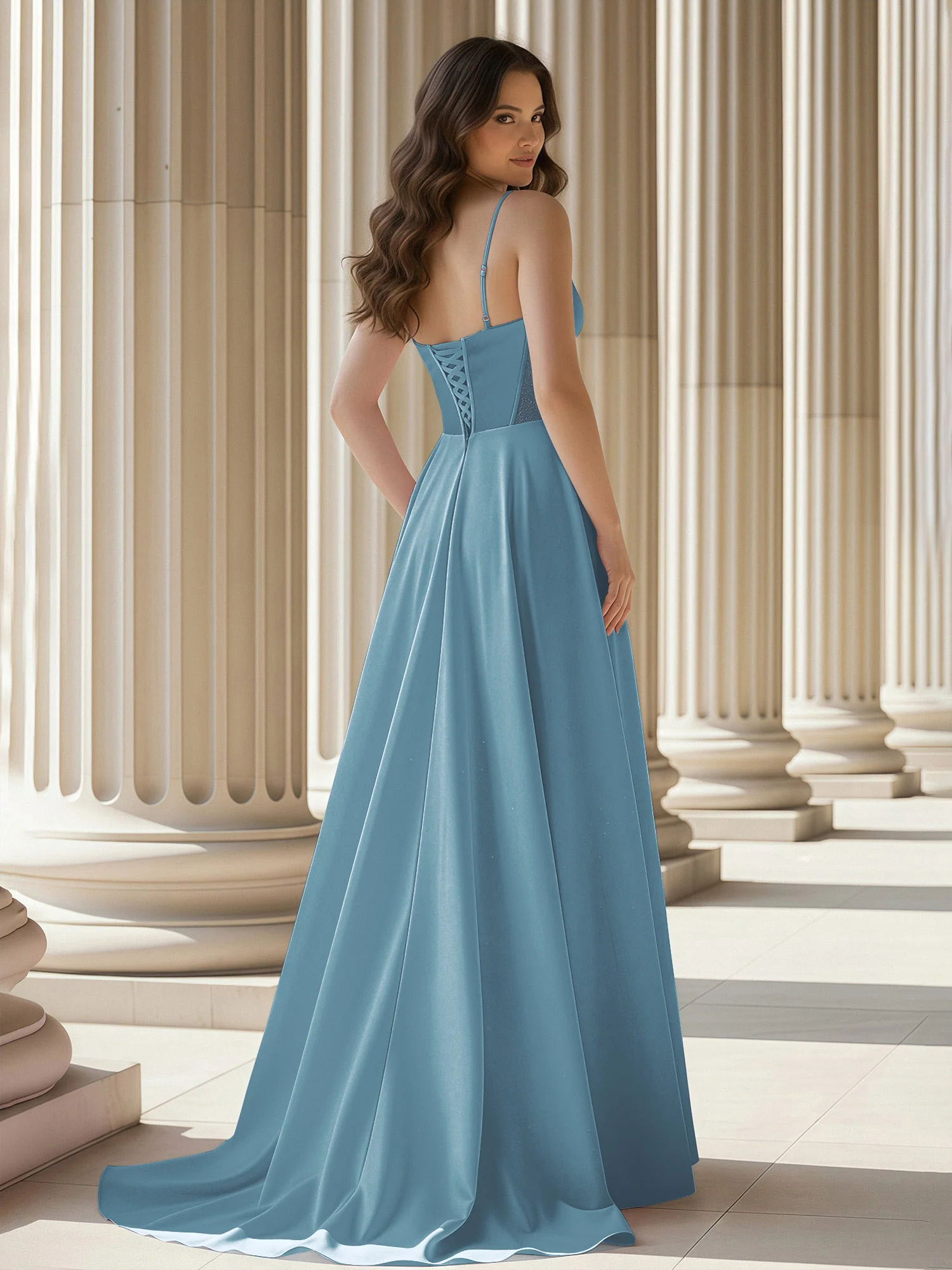 Pleated Sweetheart Neck A-Line Satin Sweep Train Gown Slate Blue - Image 2