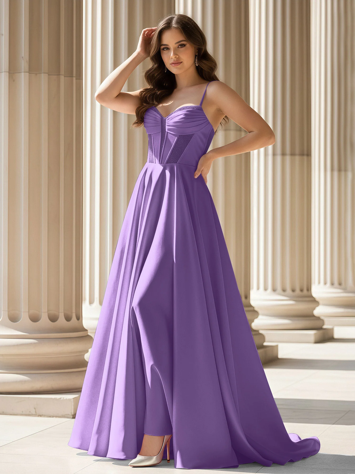 Pleated Sweetheart Neck A-Line Satin Sweep Train Gown Tahiti
