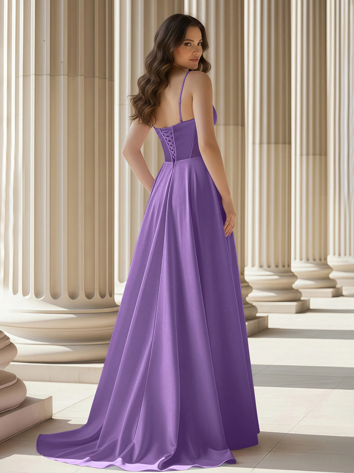 Pleated Sweetheart Neck A-Line Satin Sweep Train Gown Tahiti - Image 2