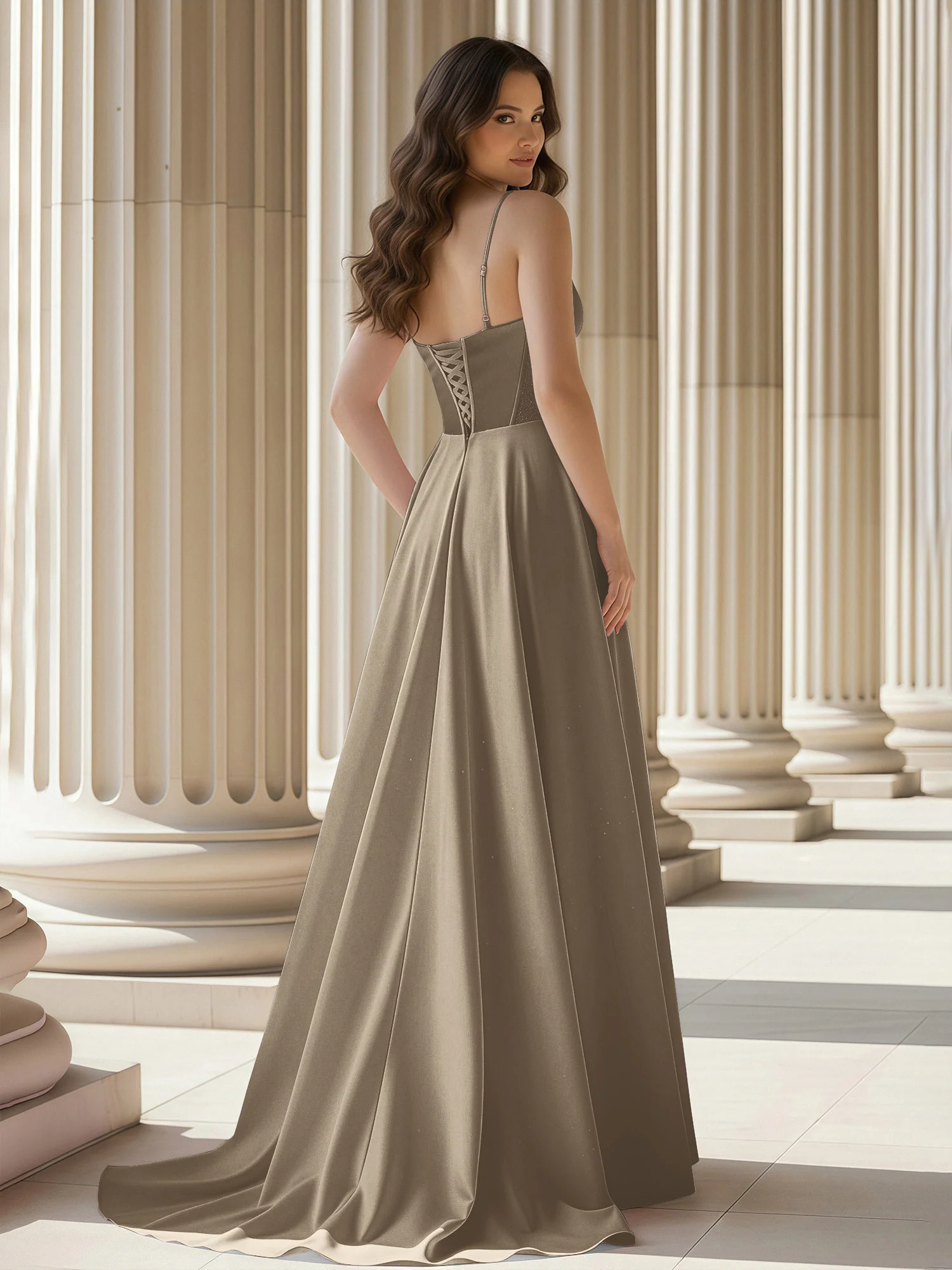Pleated Sweetheart Neck A-Line Satin Sweep Train Gown Taupe - Image 2