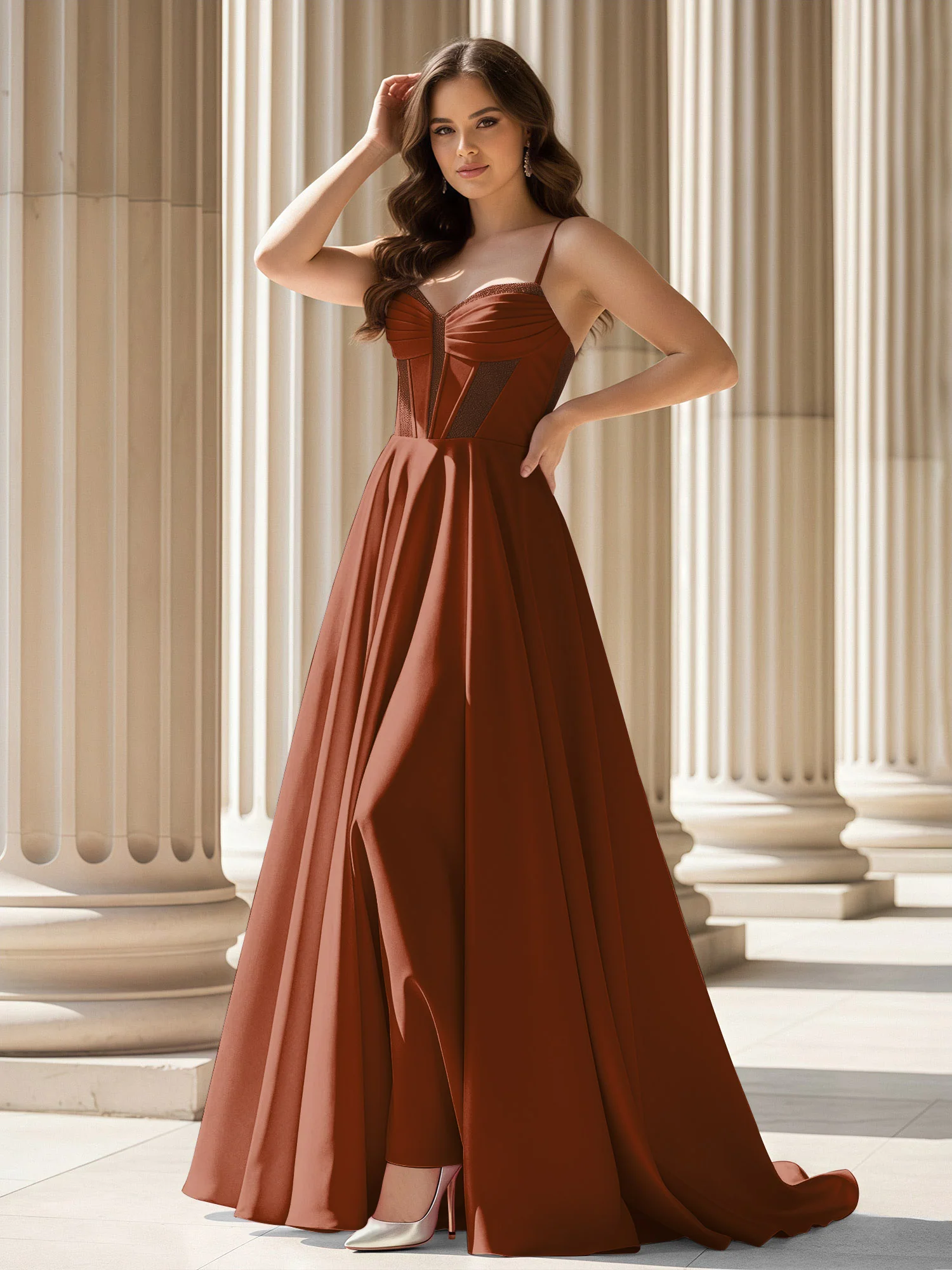 Pleated Sweetheart Neck A-Line Satin Sweep Train Gown Terracotta