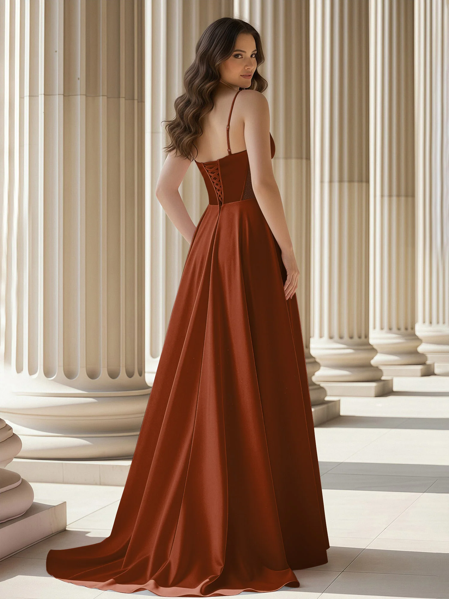Pleated Sweetheart Neck A-Line Satin Sweep Train Gown Terracotta - Image 2