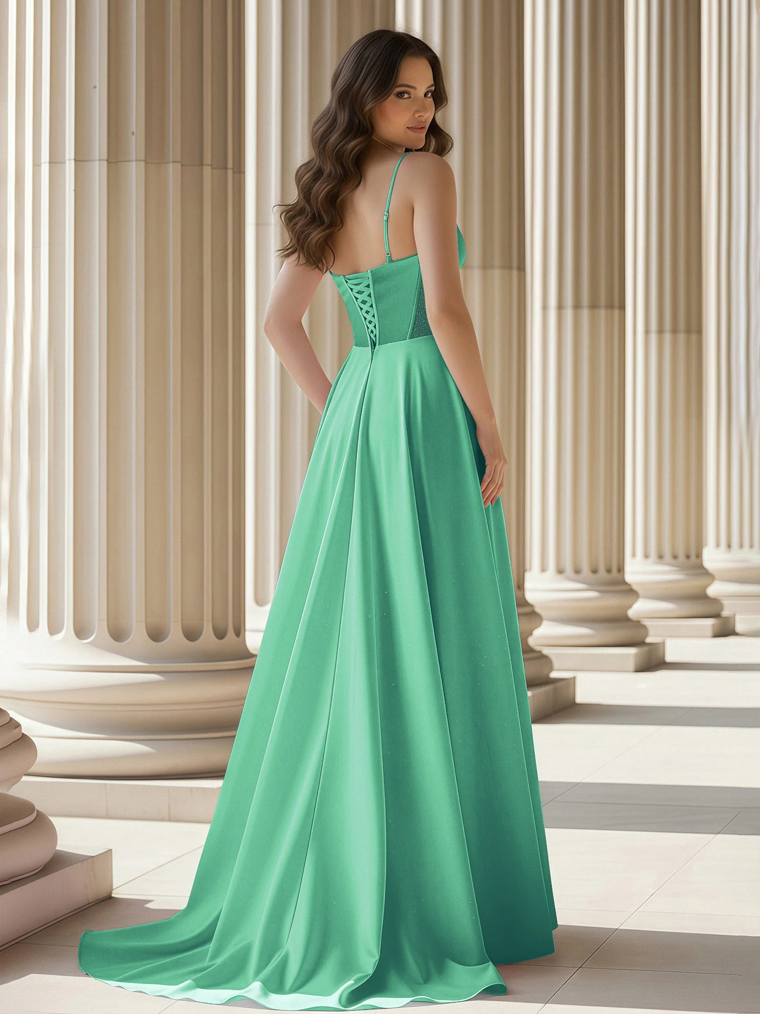 Pleated Sweetheart Neck A-Line Satin Sweep Train Gown Turquoise - Image 2