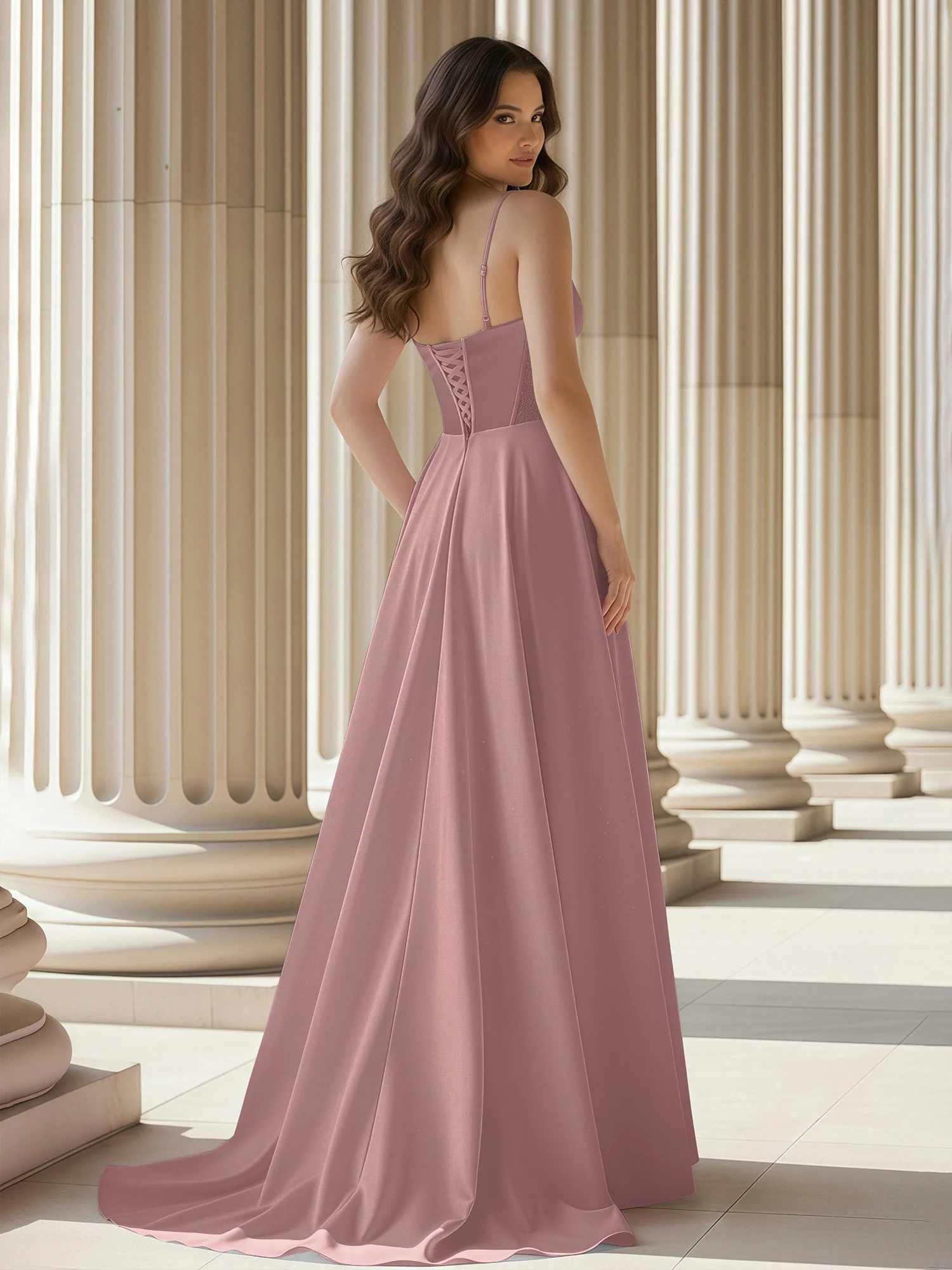 Pleated Sweetheart Neck A-Line Satin Sweep Train Gown Vintage Mauve - Image 2