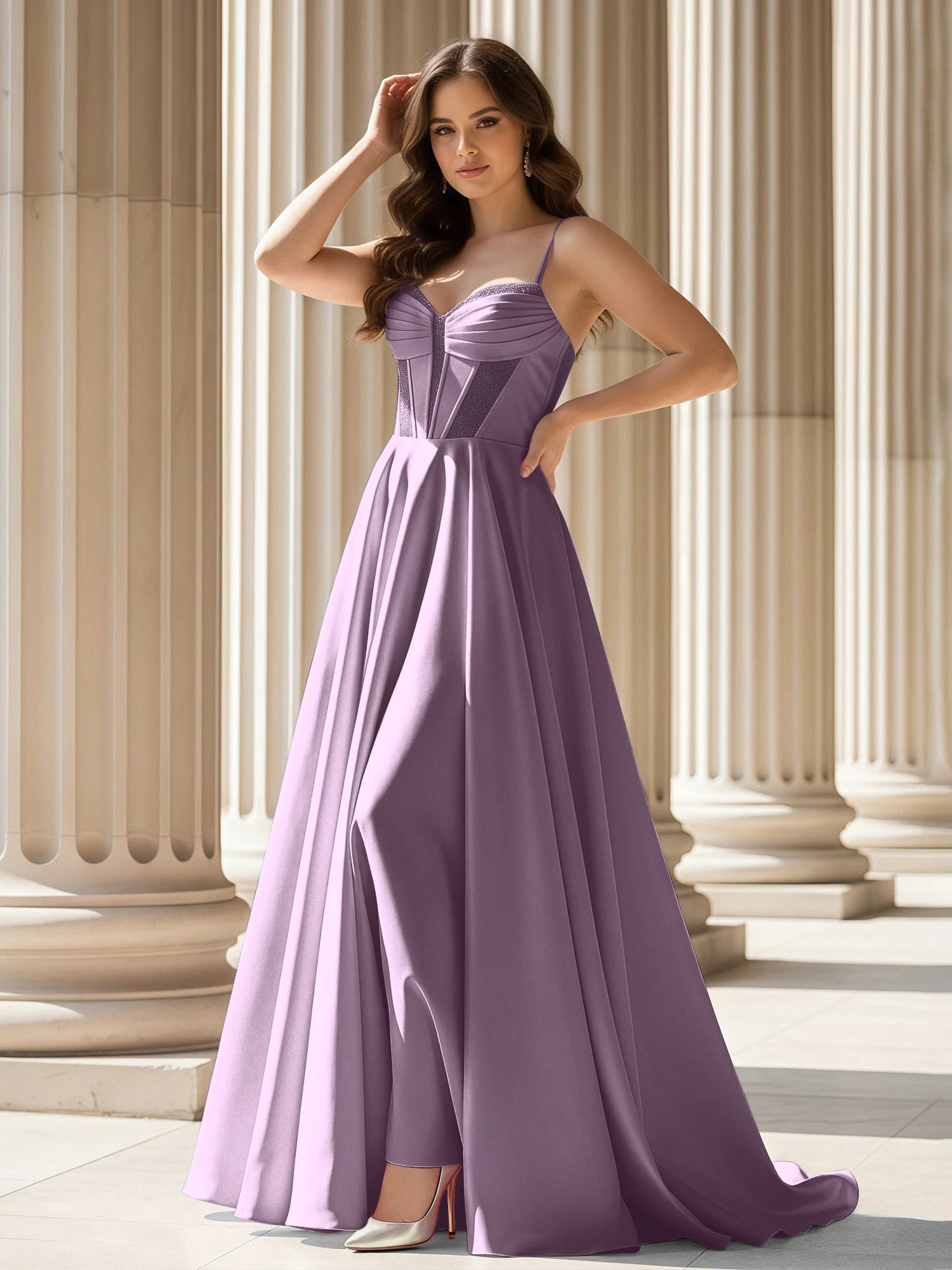Pleated Sweetheart Neck A-Line Satin Sweep Train Gown Wisteria
