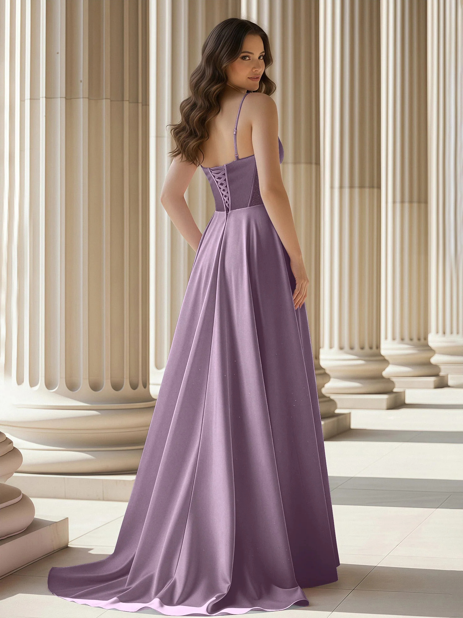 Pleated Sweetheart Neck A-Line Satin Sweep Train Gown Wisteria - Image 2