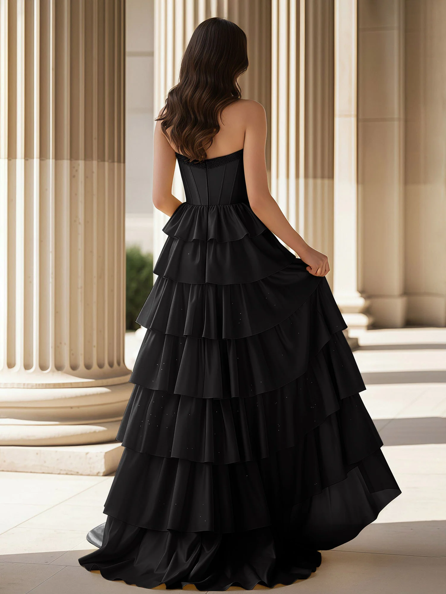 A-Line Sleeveless Strapless Gown With Ruffle Black - Image 2