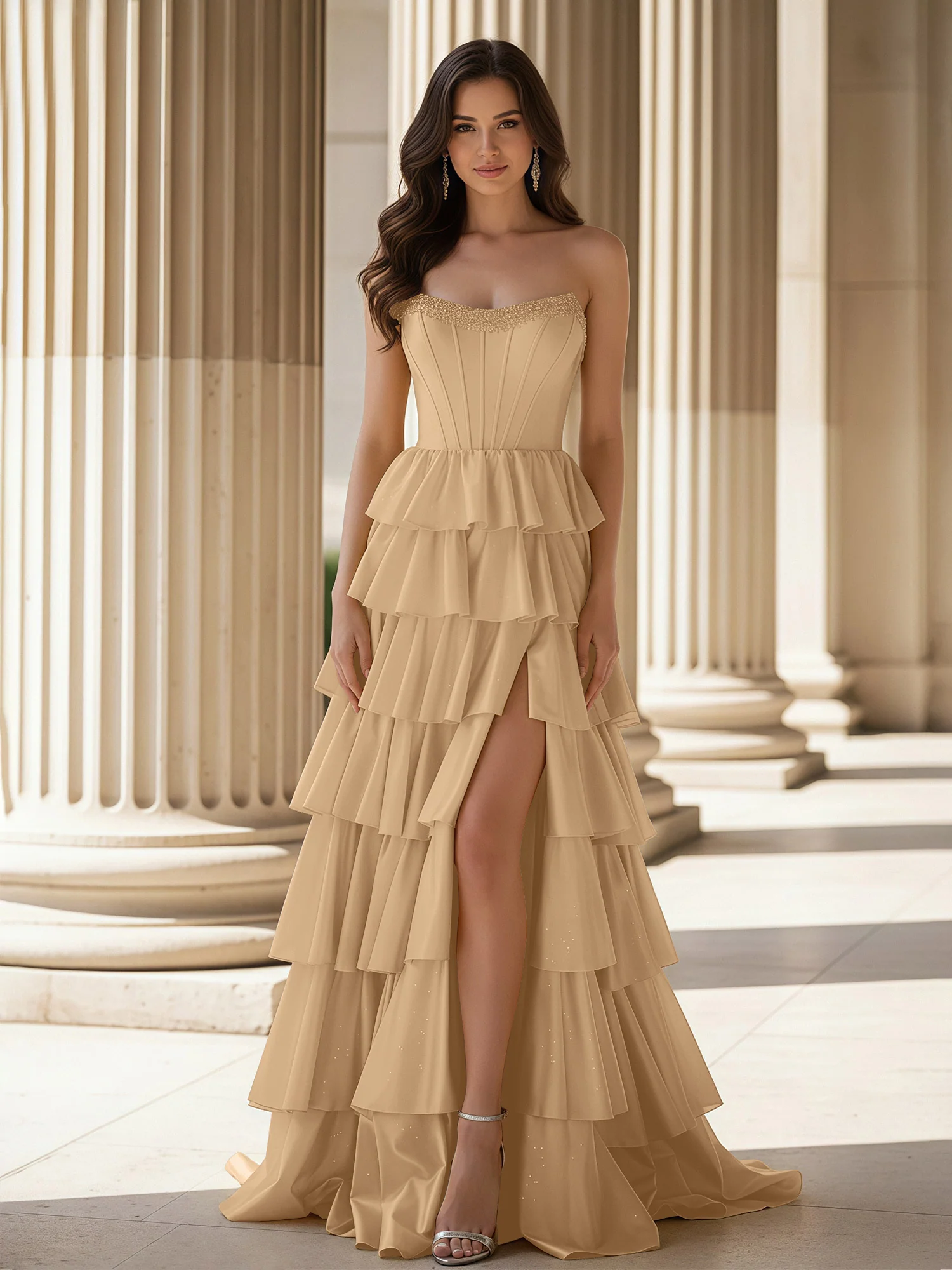 A-Line Sleeveless Strapless Gown With Ruffle Champagne
