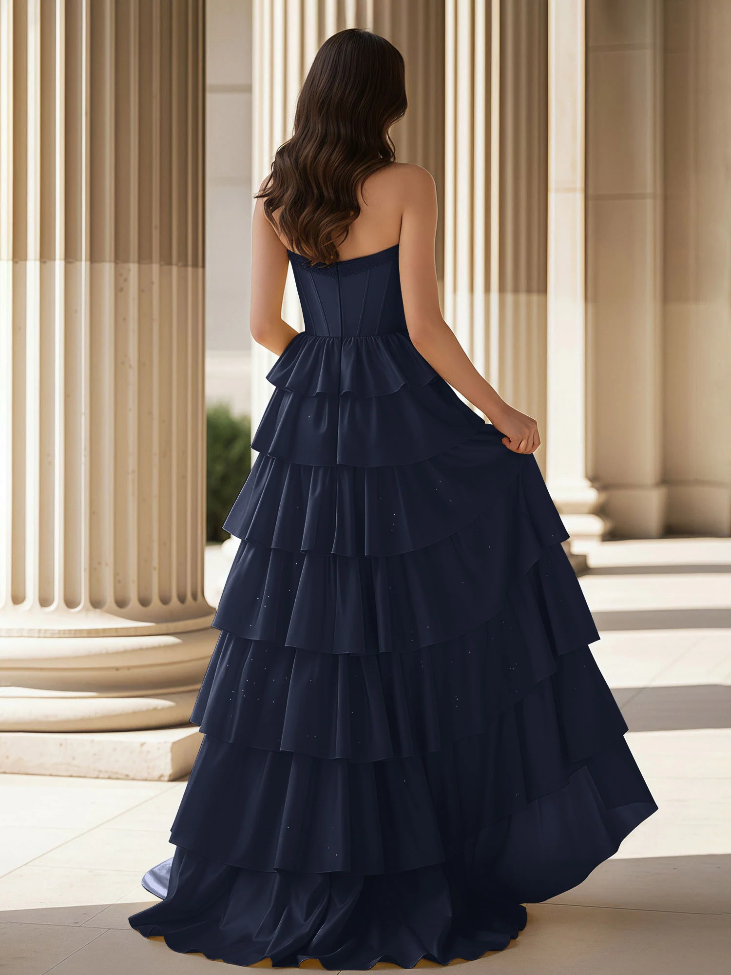 A-Line Sleeveless Strapless Gown With Ruffle Dark Navy - Image 2
