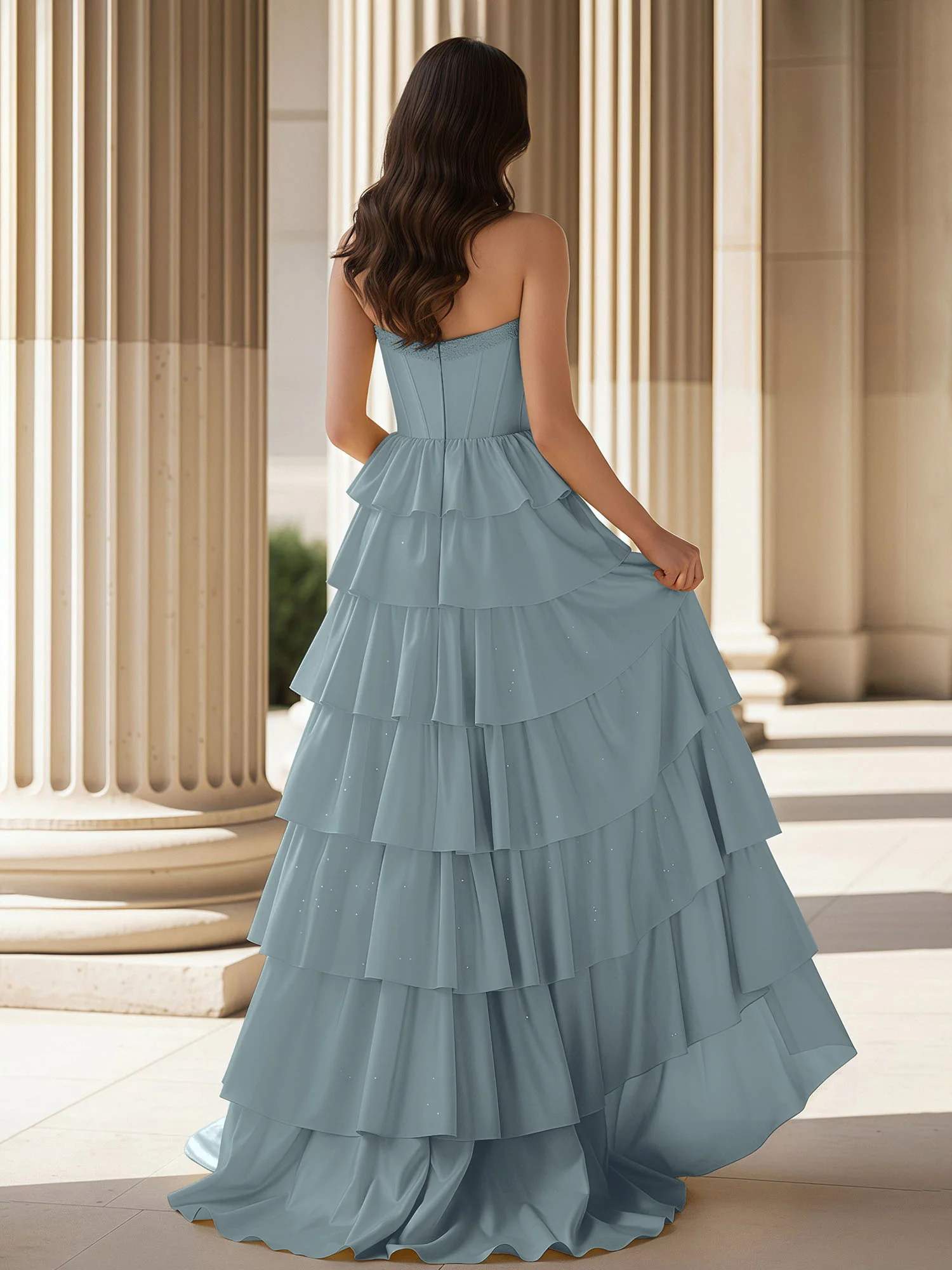 A-Line Sleeveless Strapless Gown With Ruffle Dusty Blue - Image 2