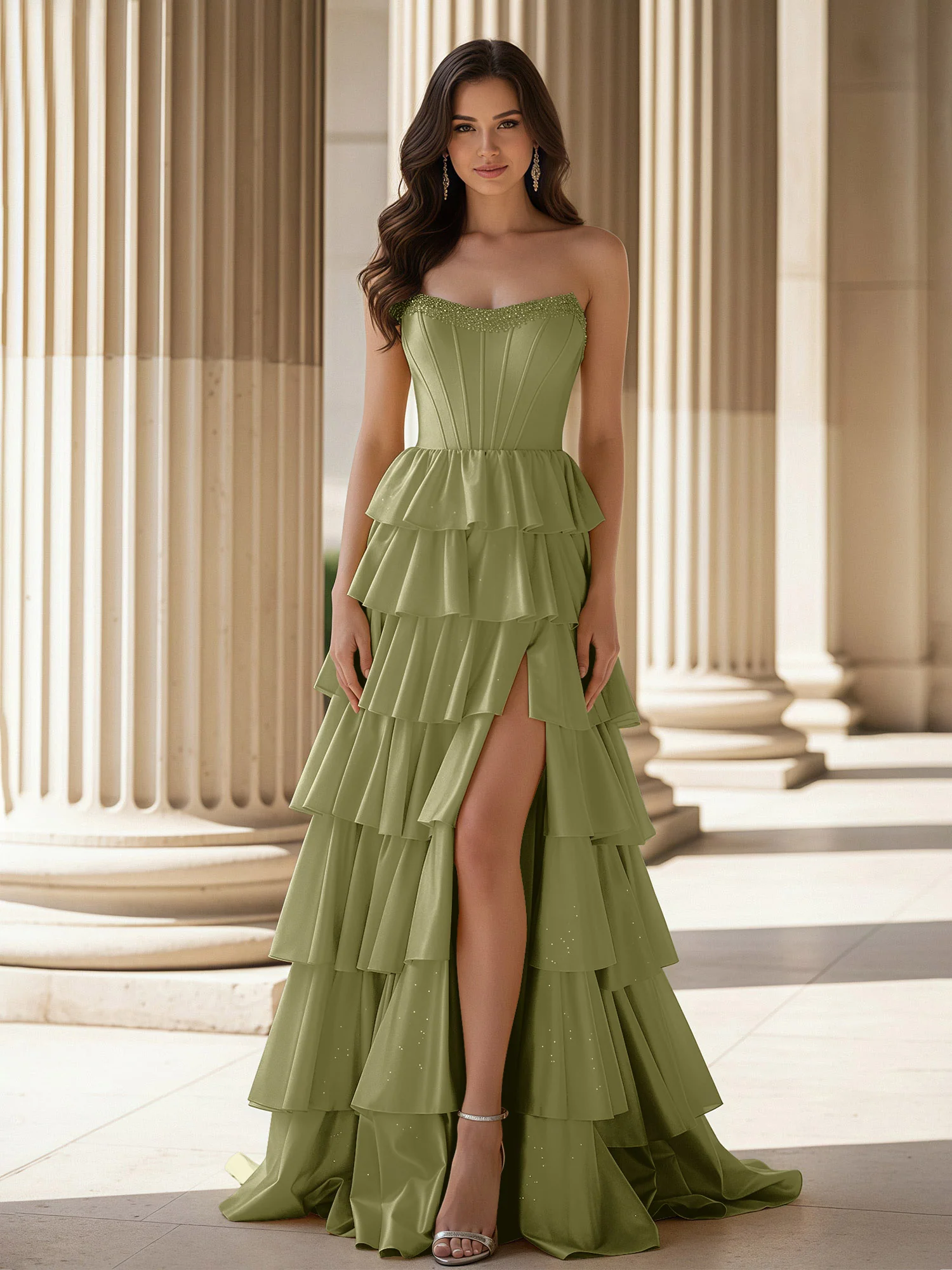 A-Line Sleeveless Strapless Gown With Ruffle Dusty Sage