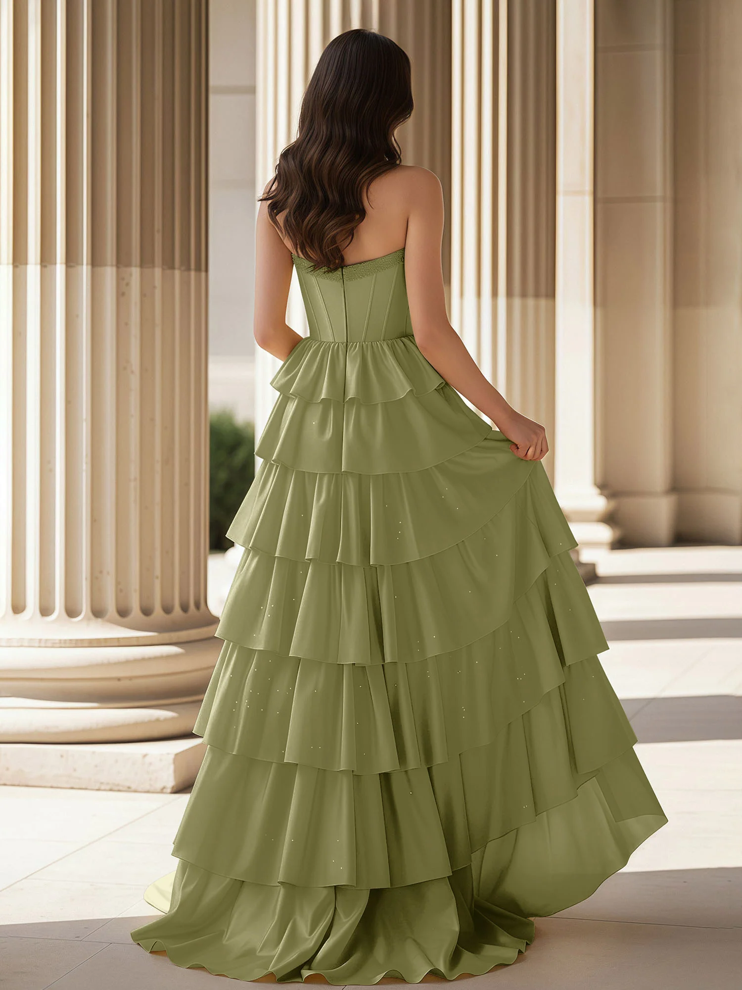 A-Line Sleeveless Strapless Gown With Ruffle Dusty Sage - Image 2