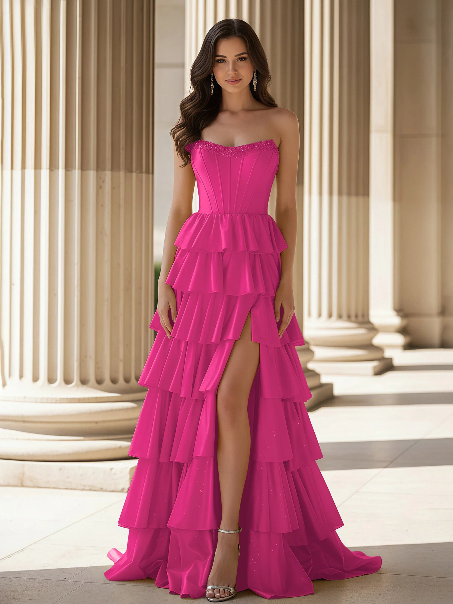 A-Line Sleeveless Strapless Gown With Ruffle Fuchsia