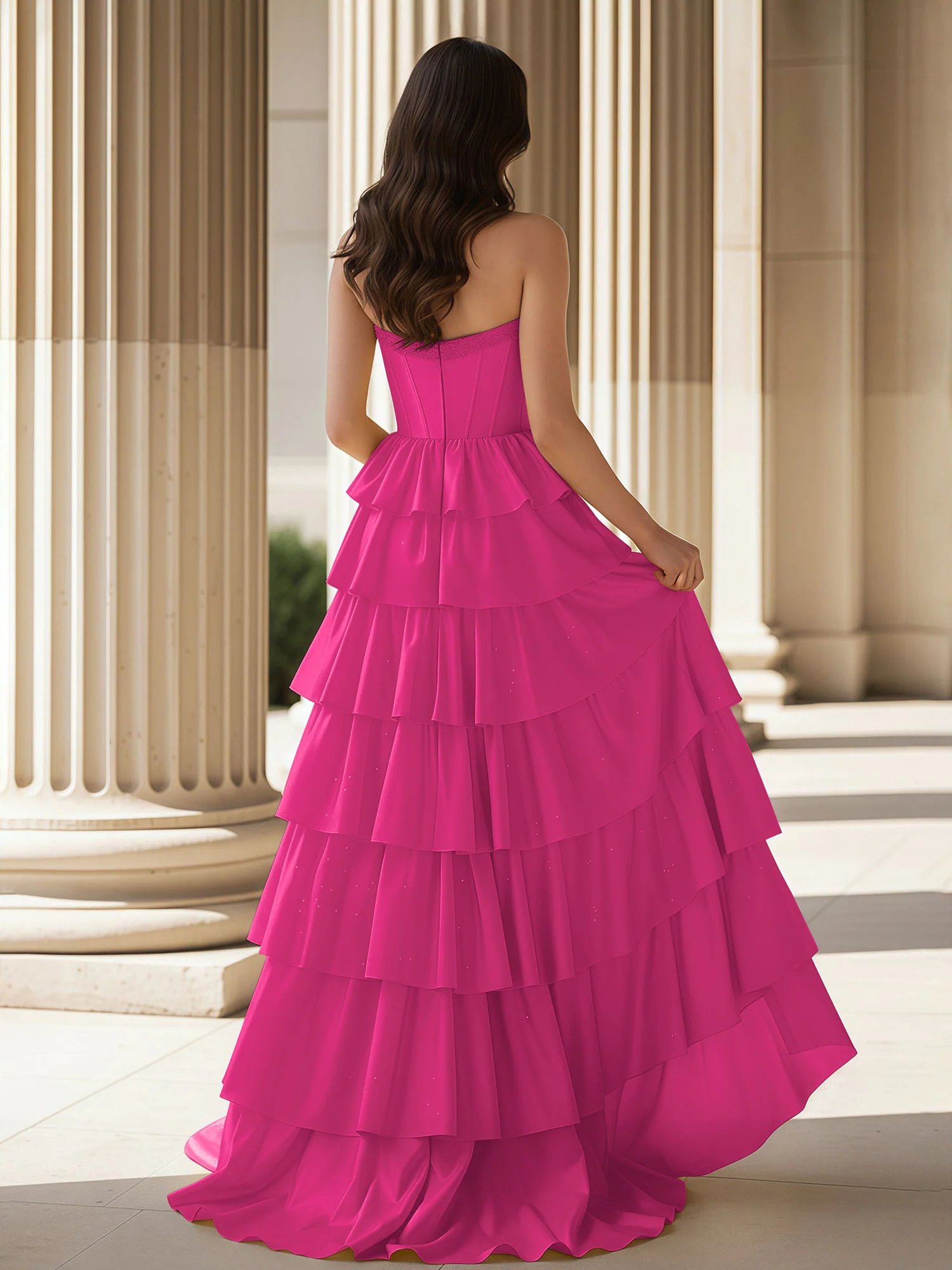 A-Line Sleeveless Strapless Gown With Ruffle Fuchsia - Image 2
