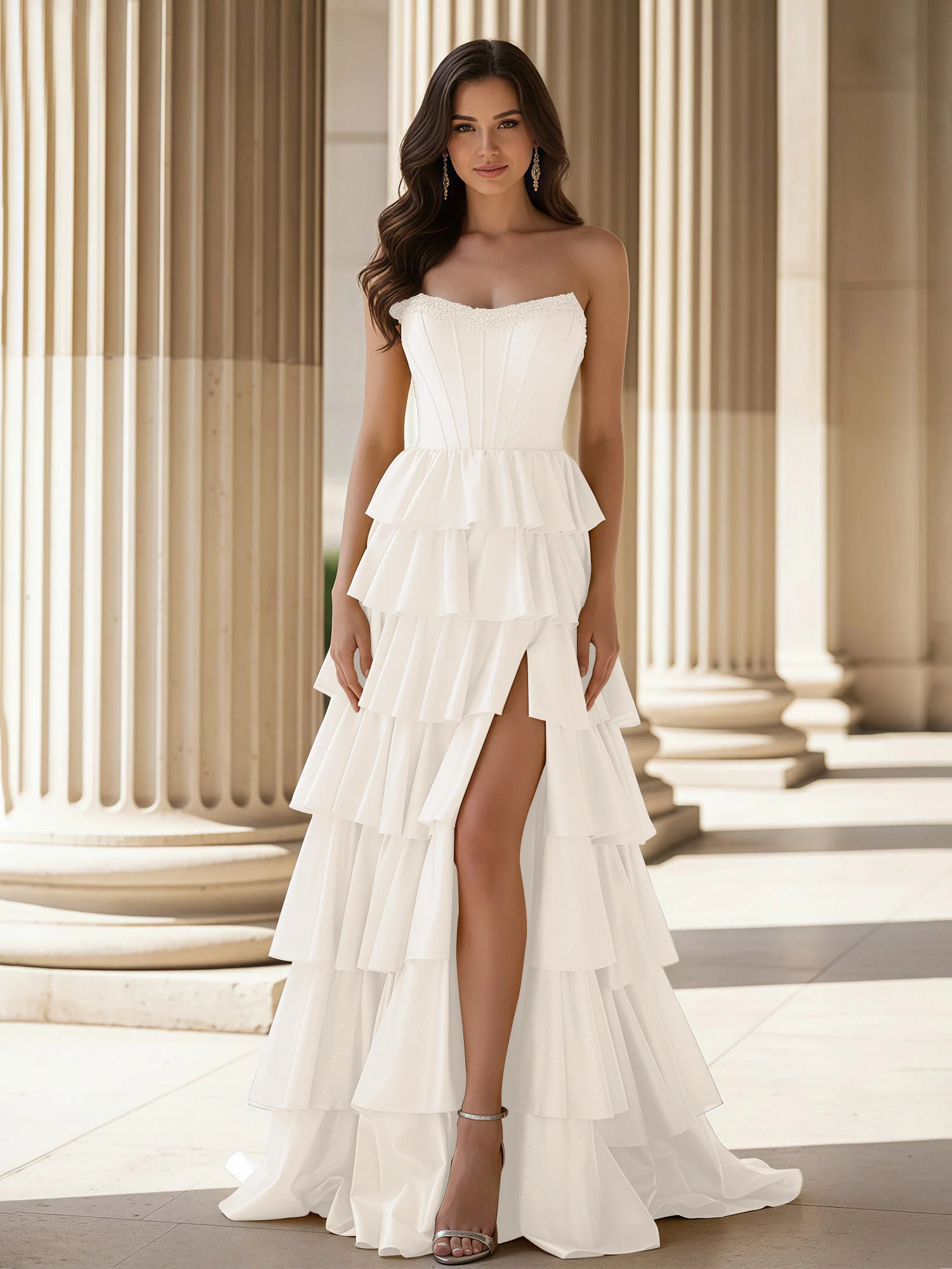 A-Line Sleeveless Strapless Gown With Ruffle Ivory