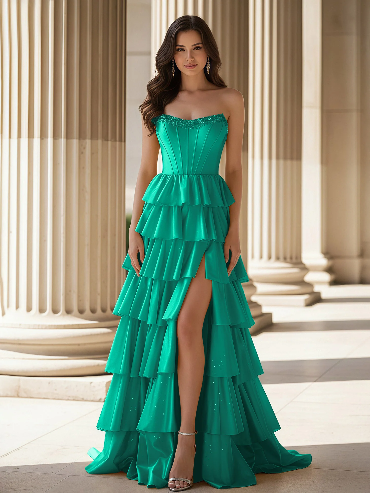 A-Line Sleeveless Strapless Gown With Ruffle Jade