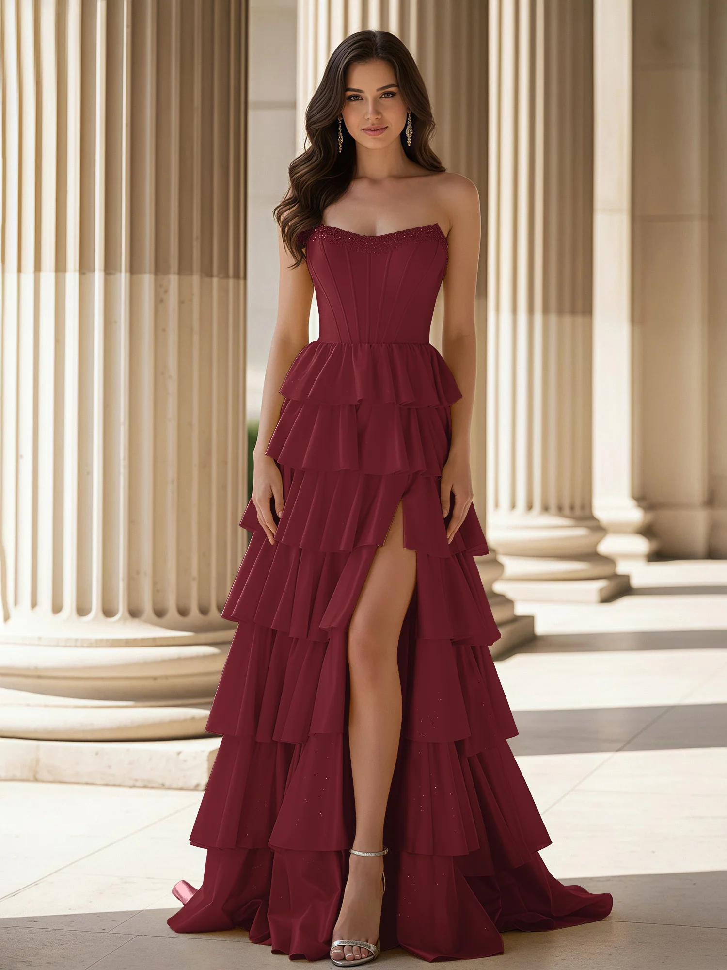 A-Line Sleeveless Strapless Gown With Ruffle Mulberry