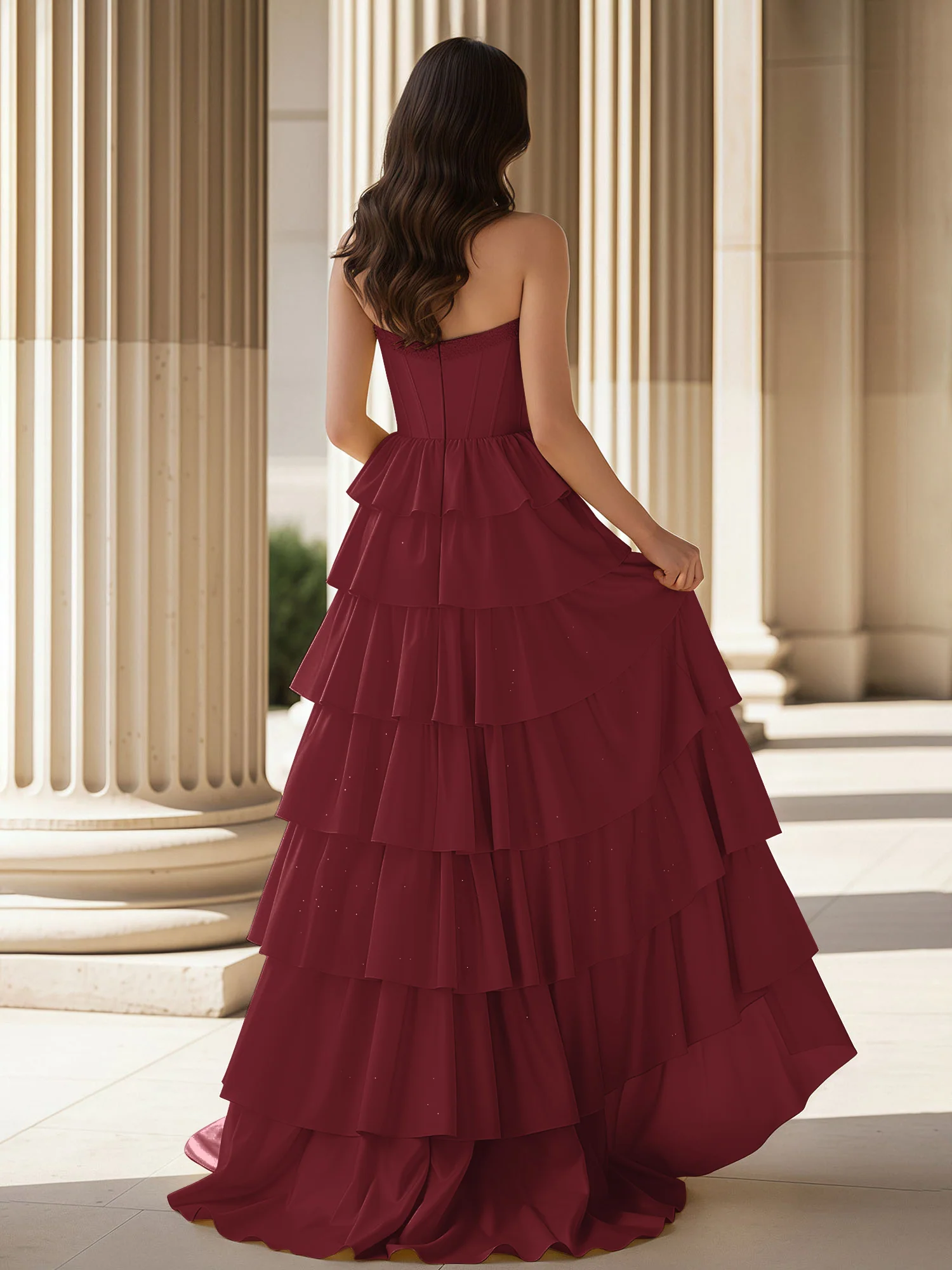 A-Line Sleeveless Strapless Gown With Ruffle Mulberry - Image 2