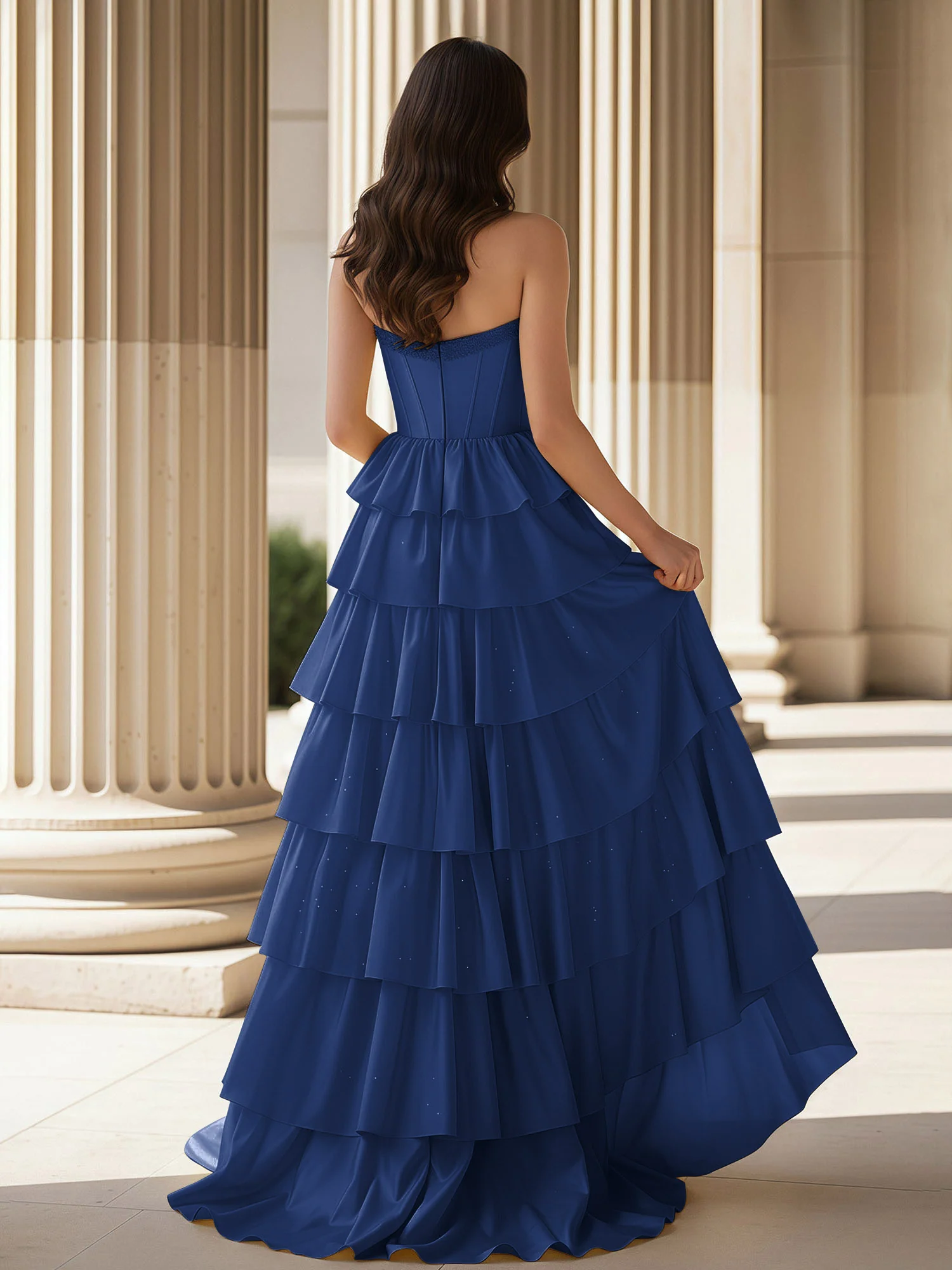 A-Line Sleeveless Strapless Gown With Ruffle Navy Blue - Image 2