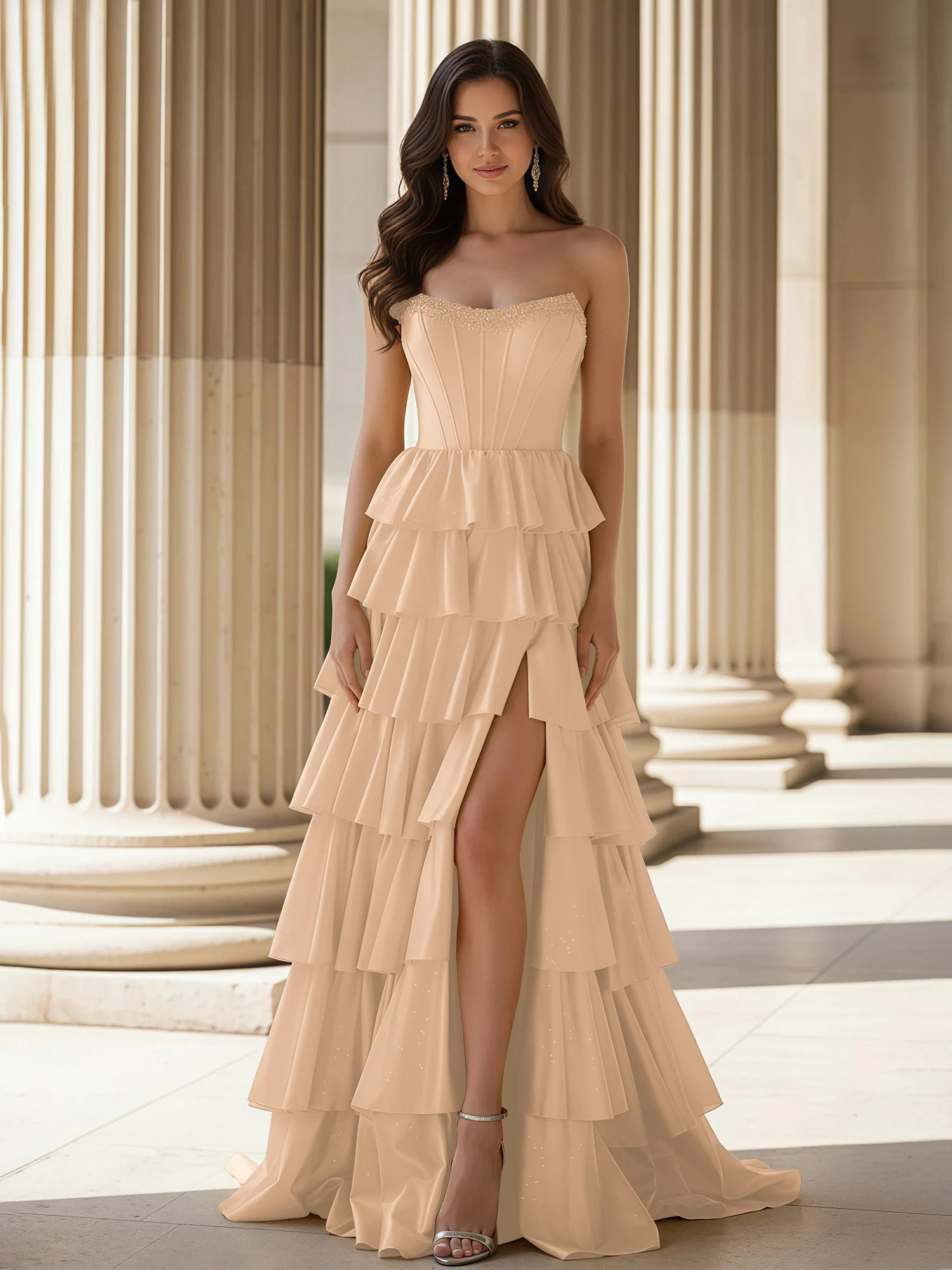 A-Line Sleeveless Strapless Gown With Ruffle Peach