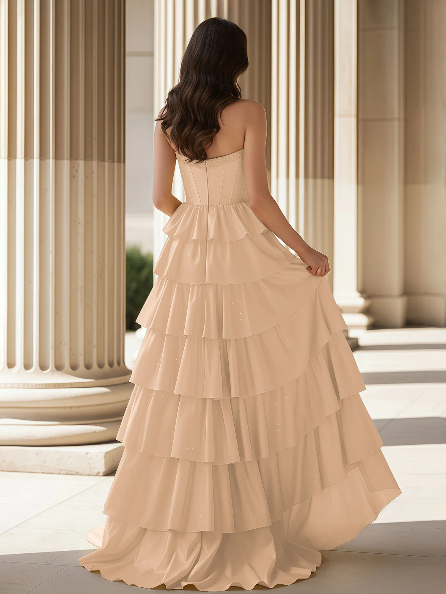 A-Line Sleeveless Strapless Gown With Ruffle Peach - Image 2
