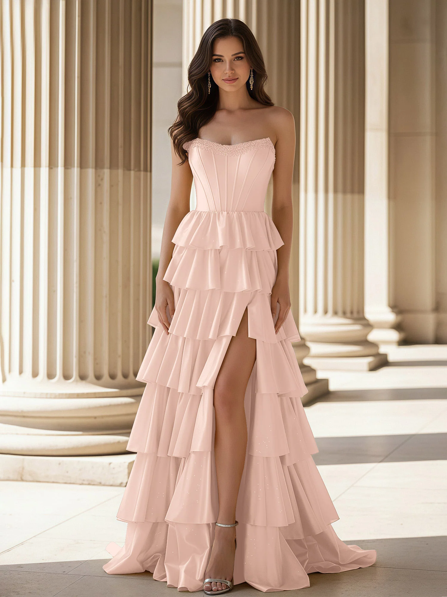 A-Line Sleeveless Strapless Gown With Ruffle Pearl Pink