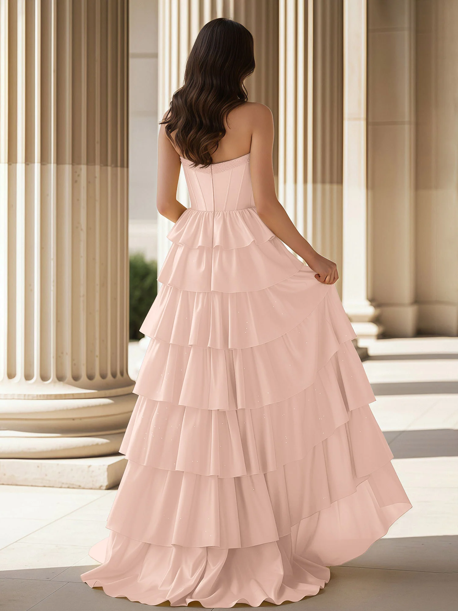 A-Line Sleeveless Strapless Gown With Ruffle Pearl Pink - Image 2