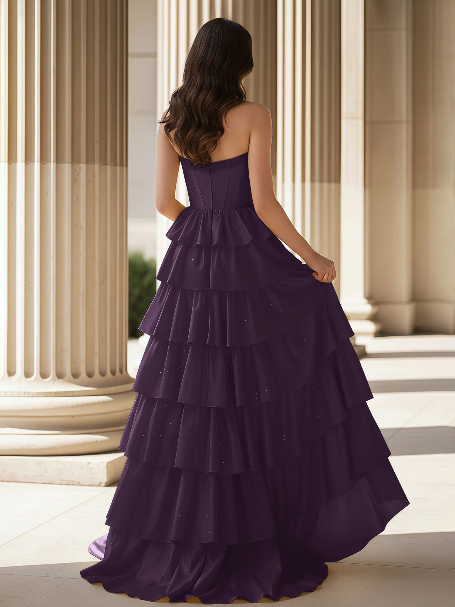 A-Line Sleeveless Strapless Gown With Ruffle Plum - Image 2