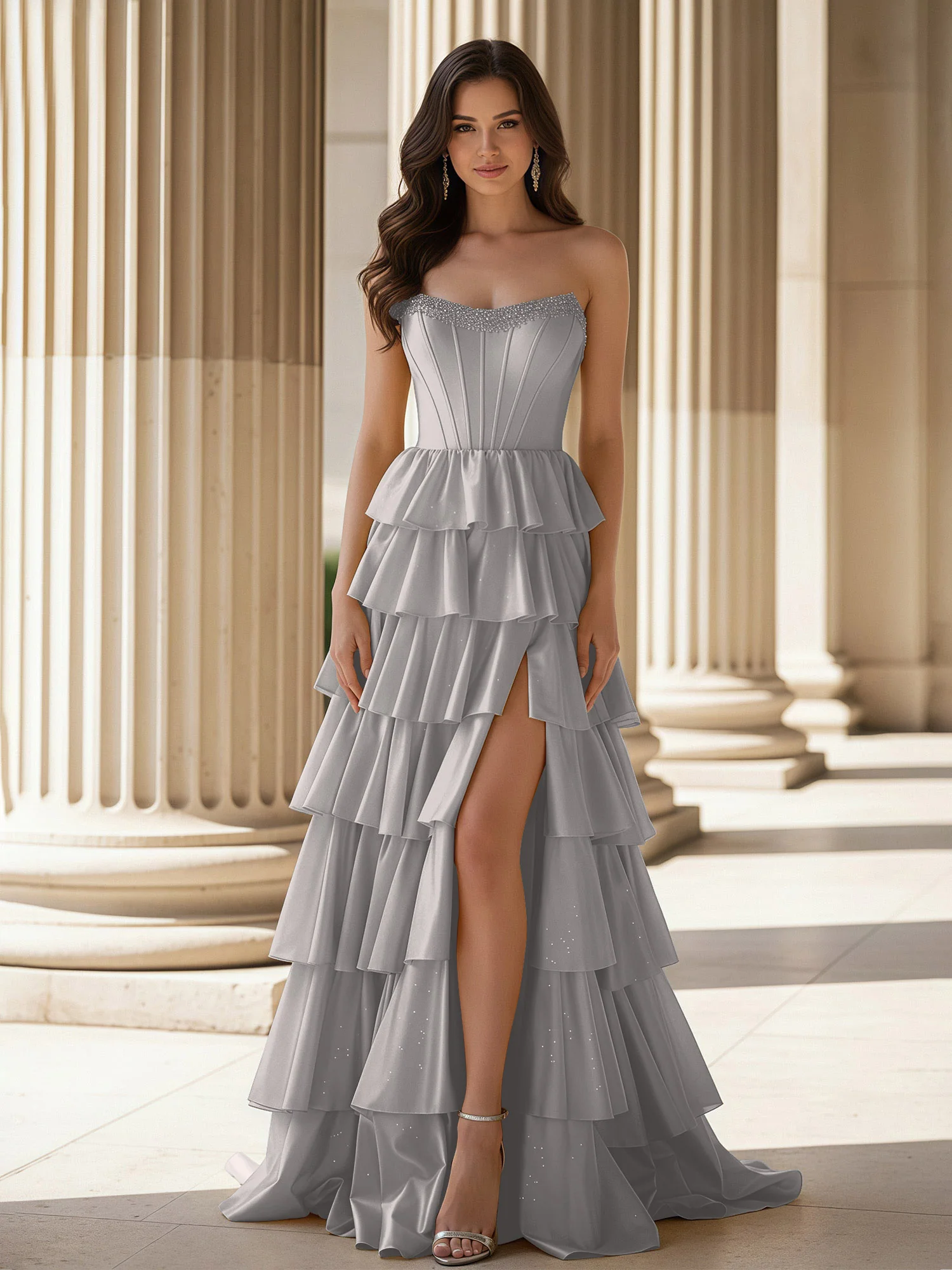 A-Line Sleeveless Strapless Gown With Ruffle Silver