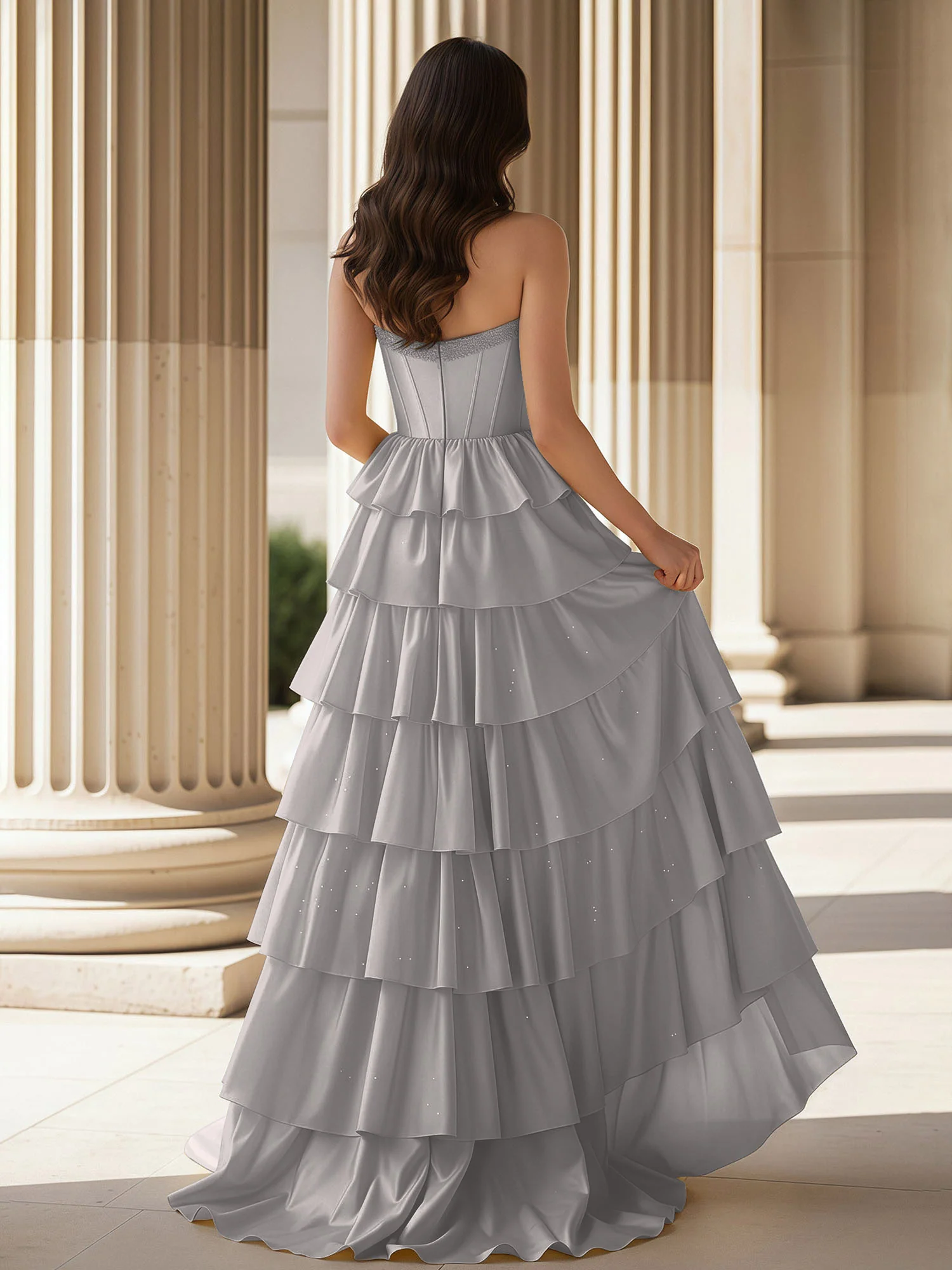 A-Line Sleeveless Strapless Gown With Ruffle Silver - Image 2
