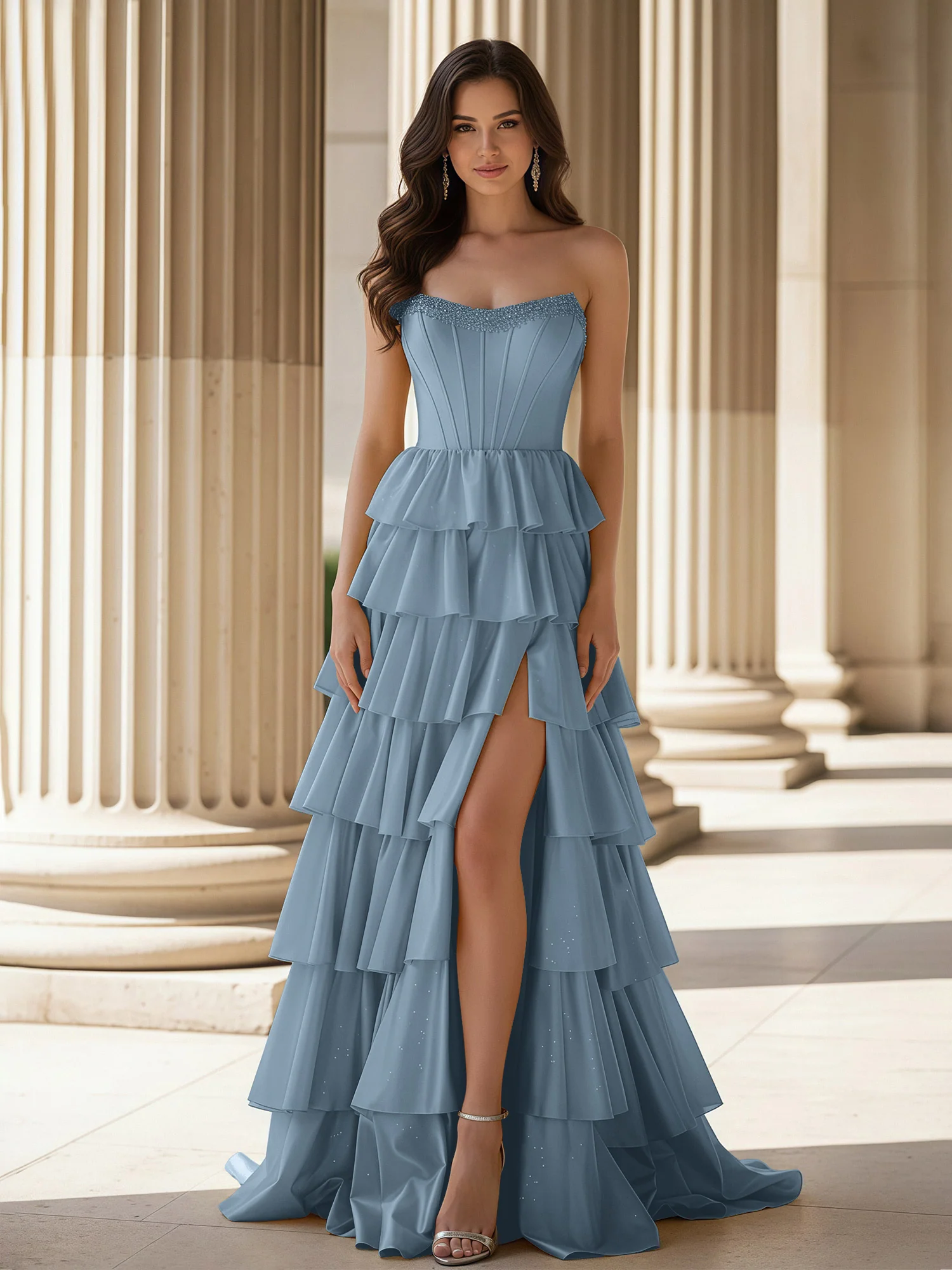 A-Line Sleeveless Strapless Gown With Ruffle Slate Blue