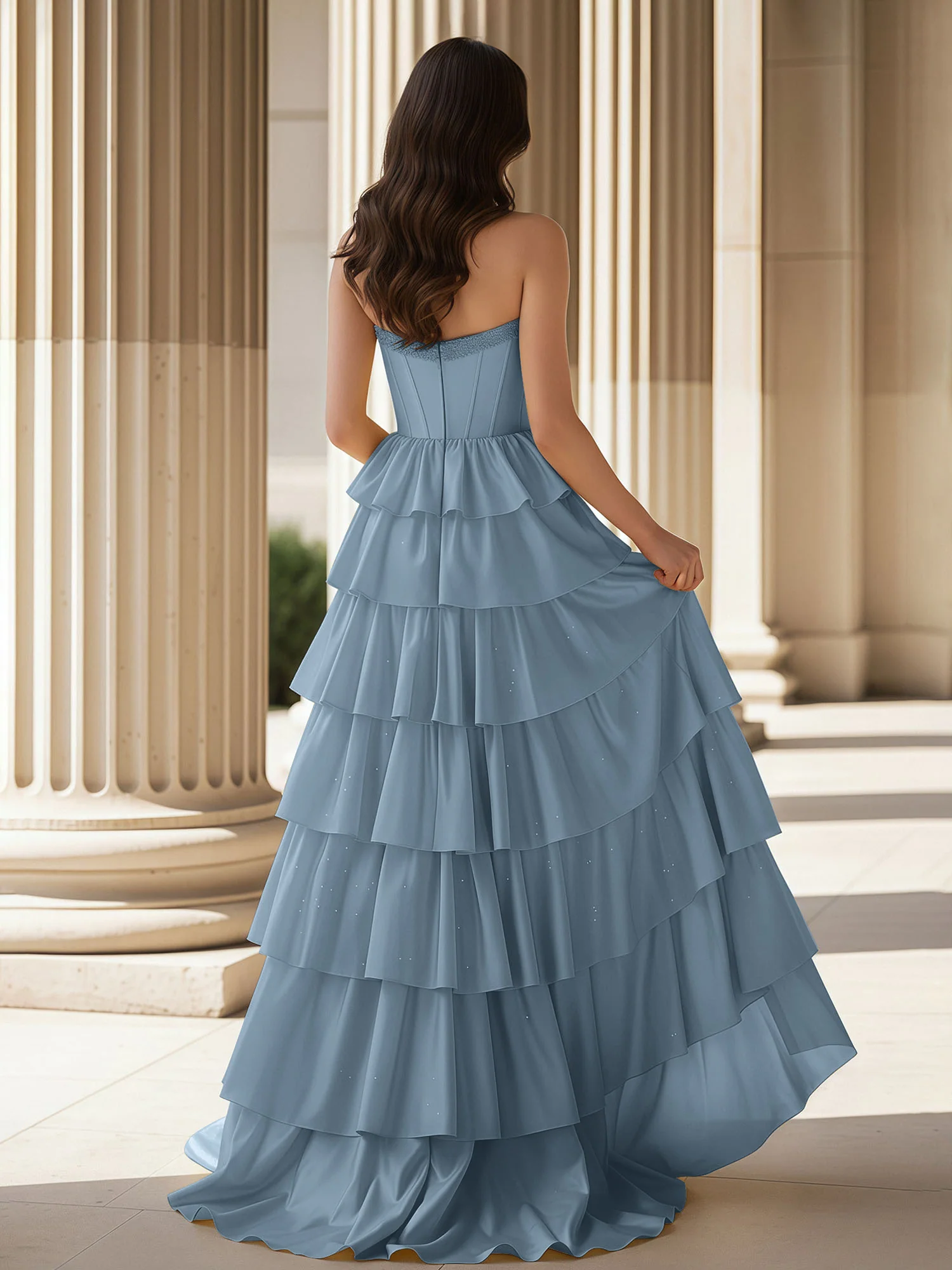 A-Line Sleeveless Strapless Gown With Ruffle Slate Blue - Image 2