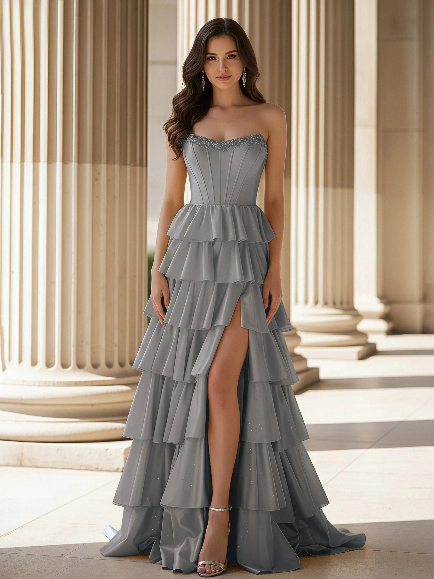A-Line Sleeveless Strapless Gown With Ruffle Steel Grey