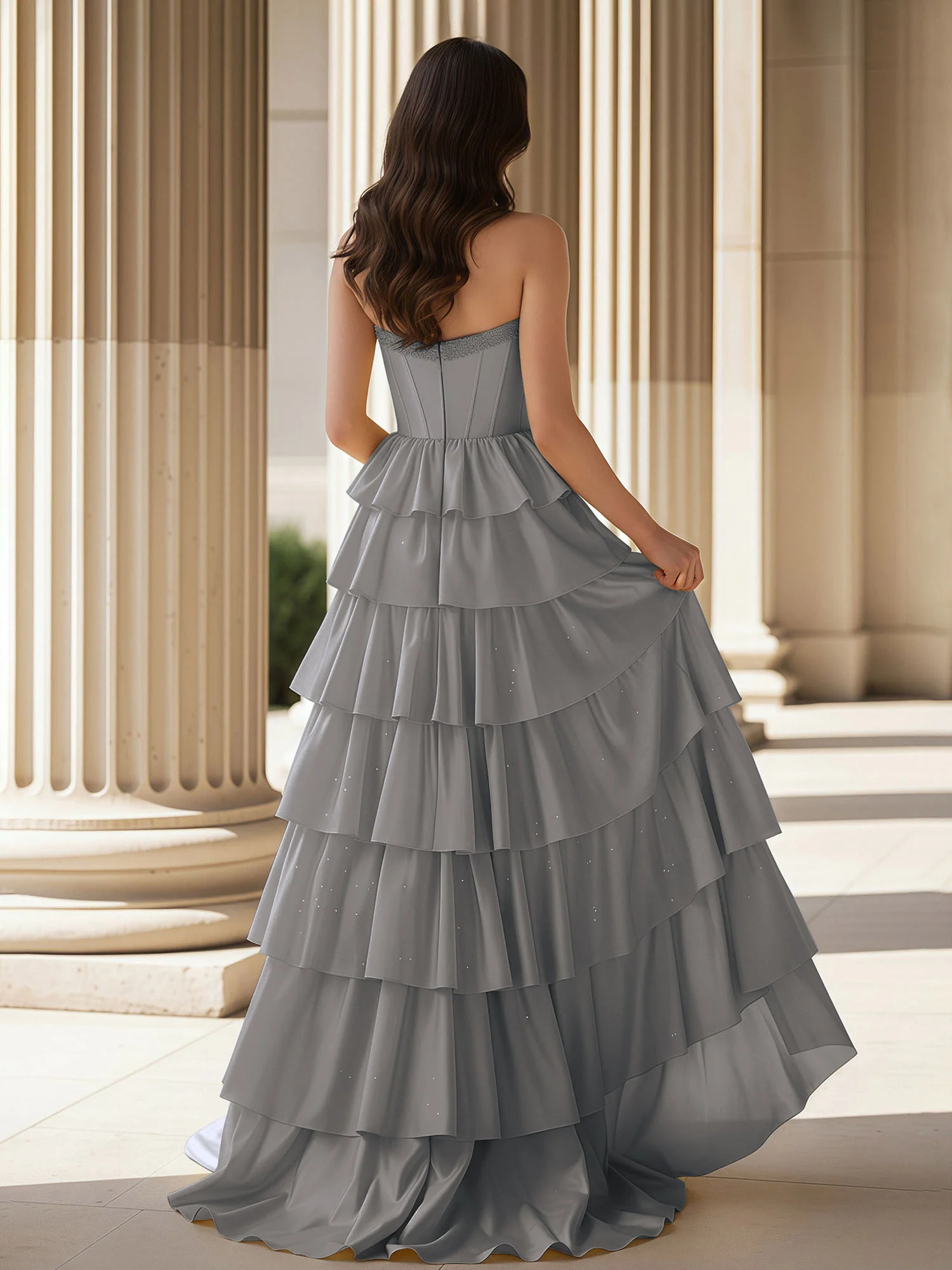 A-Line Sleeveless Strapless Gown With Ruffle Steel Grey - Image 2