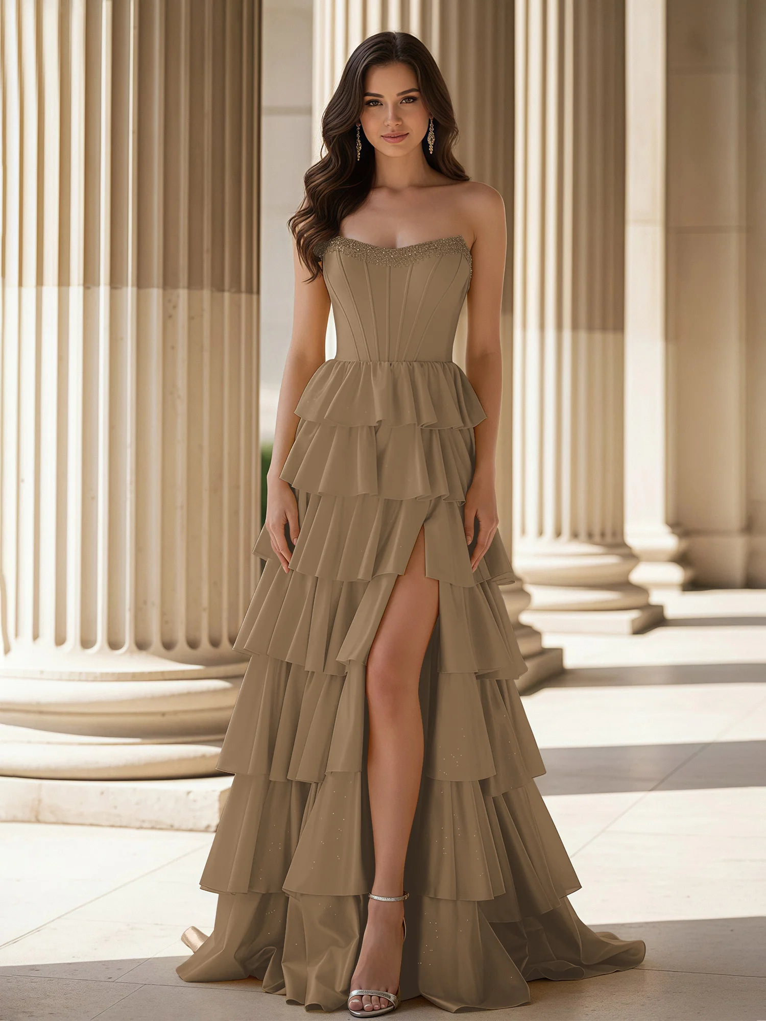 A-Line Sleeveless Strapless Gown With Ruffle Taupe