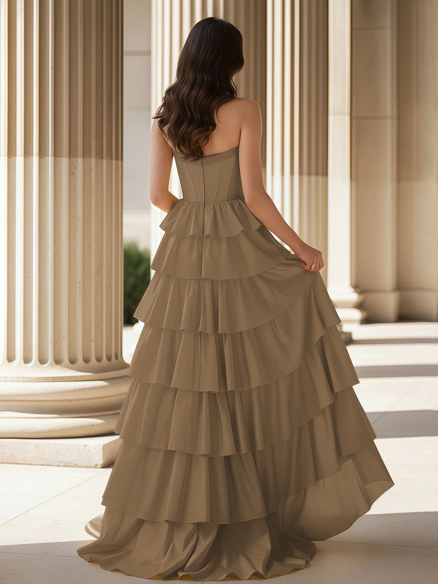 A-Line Sleeveless Strapless Gown With Ruffle Taupe - Image 2