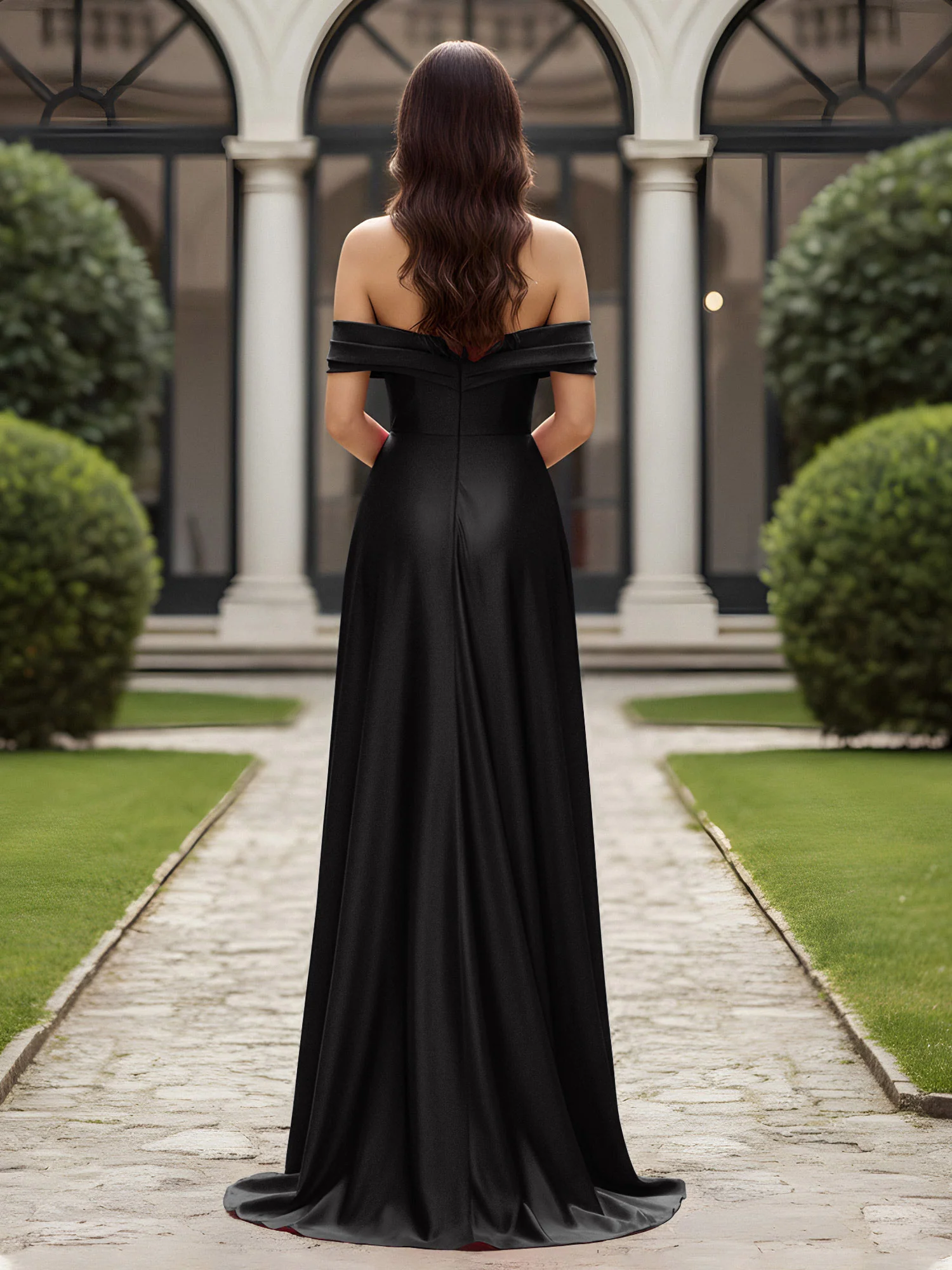 Off-The-Shoulder Pleated Dress With Slit Black - Image 2