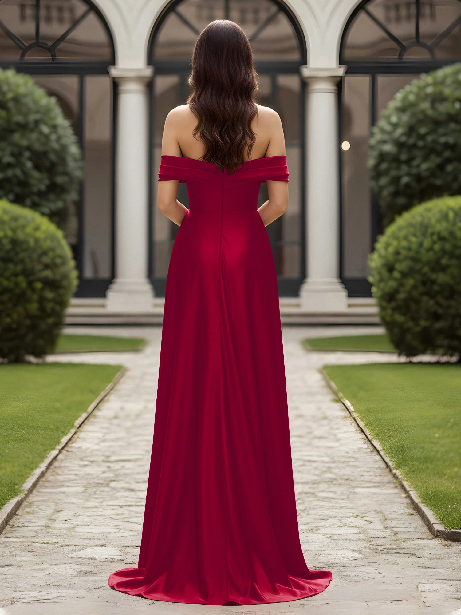 Off-The-Shoulder Pleated Dress With Slit Burgundy - Image 2